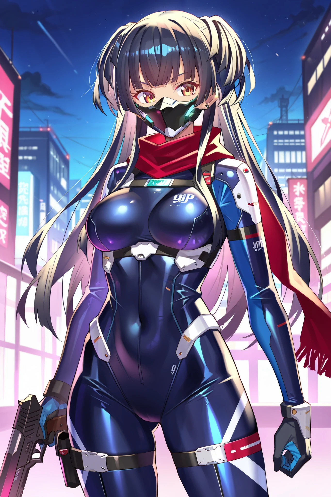 score 9, score 8 up, score 7 up, ultra-detailed, (best quality, masterpiece, ultra detailed, ultra high res, absurdres, high-resolution, highest quality, very aesthetic, textile shading), source anime, (detailed eyes), (detailed face), , , (takamine nadare), (mayuzumi fuyuko), night, building, cyber, bodysuit, scarf, alternate costume, handgun, sword, holding weapon, mask,