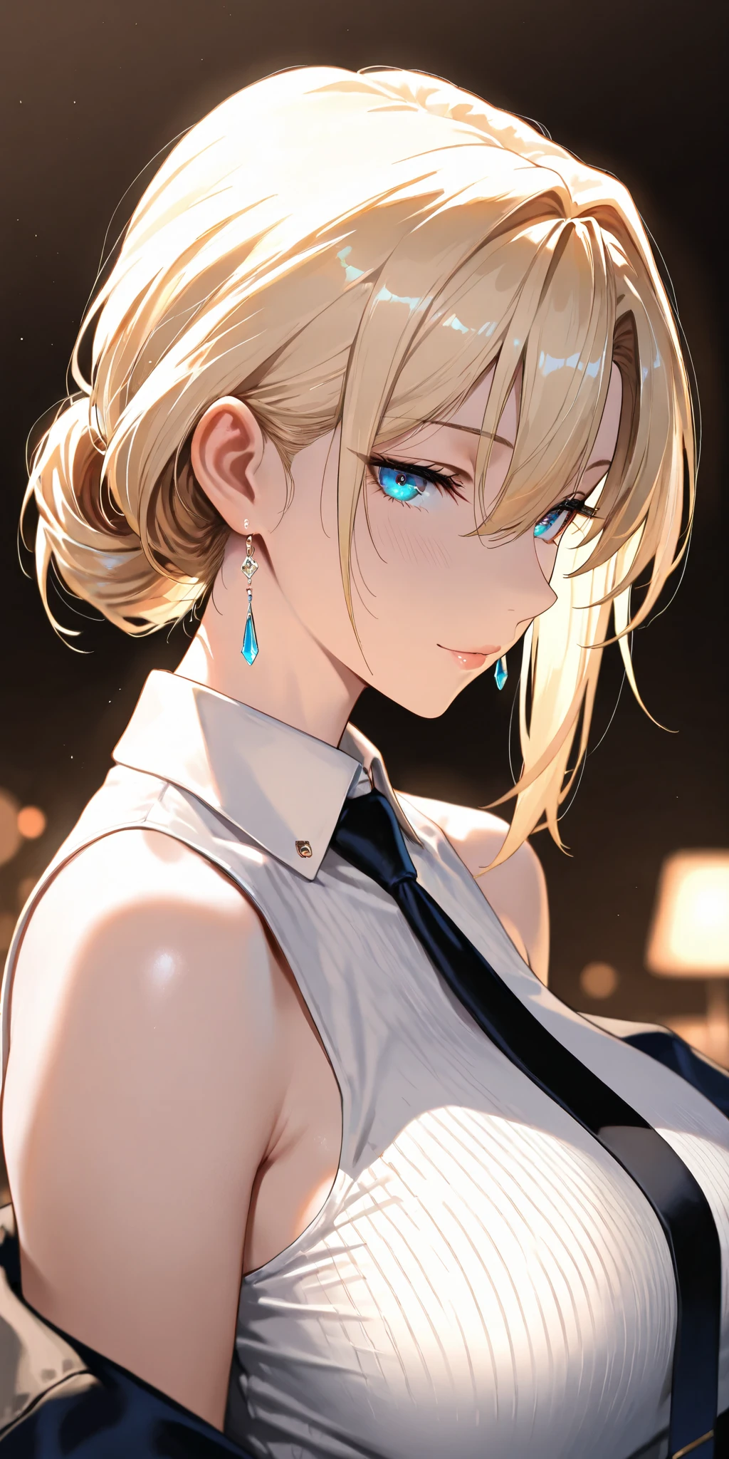 Masterpiece, very aesthetic, vibrant, high contrast, high resolution, ultra detailed, cool and mature woman, elegant, blonde hair, hair between eyes, swept hair, updo hair, blue eyes, upper body, tie, sleeveless collared shirt, off shoulder jacket, side boobs, looking at viewer, dynamic lighting, best quality, newest, seductive