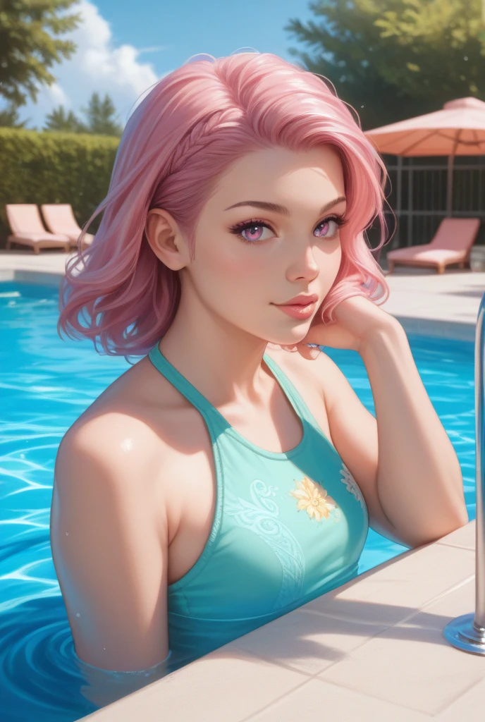 There is a woman in bikini drinking water by the pool, , swimming, poolside,woman holding a plastic bottle