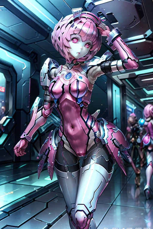 UHD, high details, best quality, highres, super detail， resolution,boy,Dance, angel, pink hair,thin,Show one's waist,Full body shot, 15 years old,pink underwear,Robotic arm, hidden hand,Cyberpunk,blue