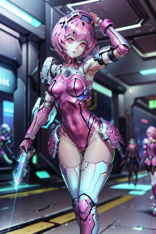 ((full body, standing):1.5), {((1 woman))}, {((with bionic body parts, wearing extremely tight black sleeveless shirt, short gin shorts)), ((very large breasts)), ((very short, straight pink hair, blue eyes)), staring at the viewer, smiling, ((striking an erotic pose)), ((in a futuristic spaceship, in front of an elevator, window showing the outer space, futuristic machines, humanoid robots, pipes with lights))}, 16k, best quality, best resolution, best sharpness, ultra detailed