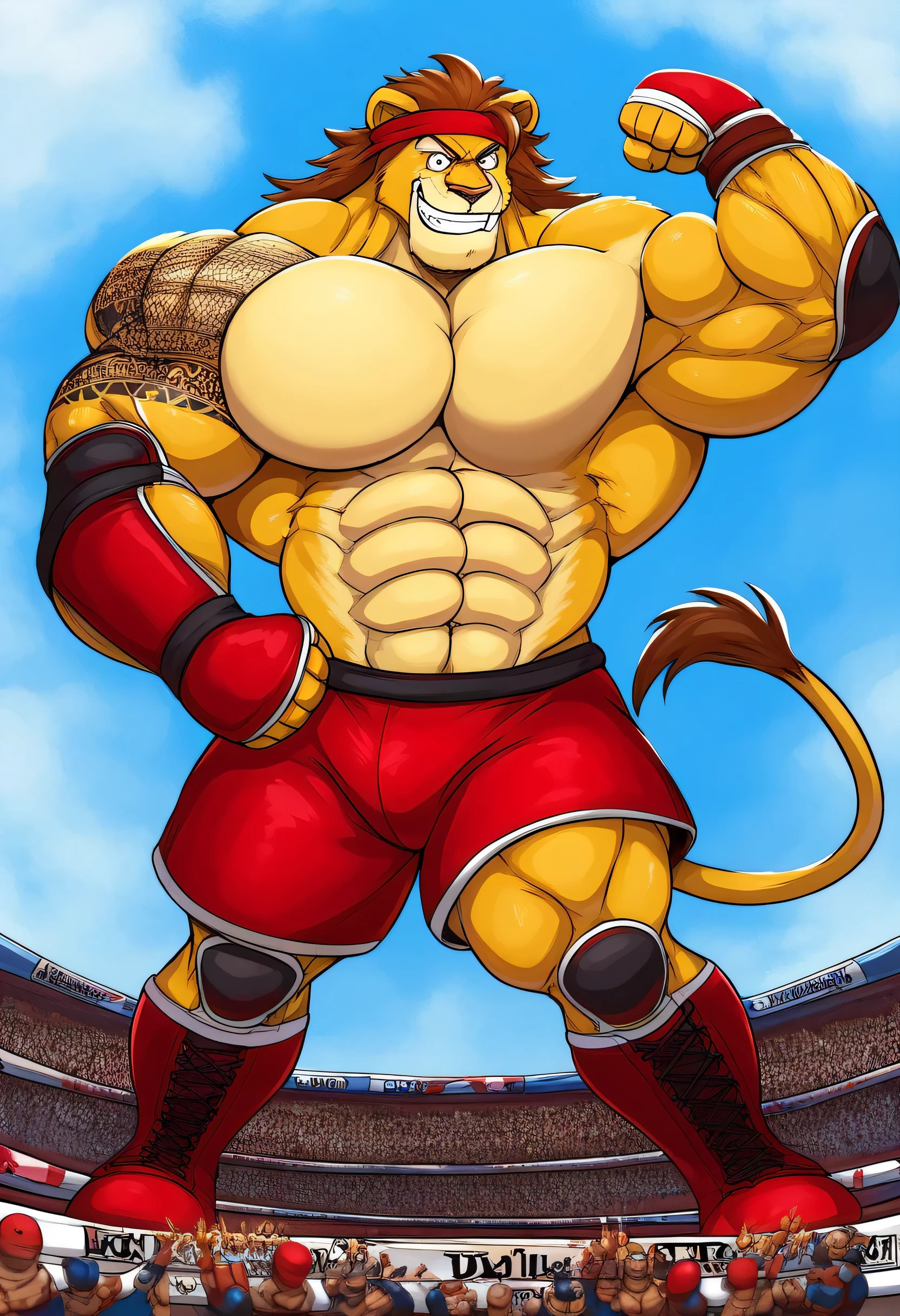 a giant muscular cartoon strong lion, wrestler outfit, photocartoon, 8k, highly detailed, saturaded colors, epic scene, flexing his powerful muscles pose, ginomous biceps, enormous pectorals, bouncing pecs, smile powerful expression, intense wrestling action, dramatic lighting, cinematic composition, golden fur and skin, wrestler, red headband, Red wrist tape, Red elbow pads, Ripped red shorts, red kneepads, red wrestling boots, Golden bracelets, macro size, biggest cartoon eyes, beanstalk behind, blue sky background, village background, full body, tattoos on his arms, scars on the body.