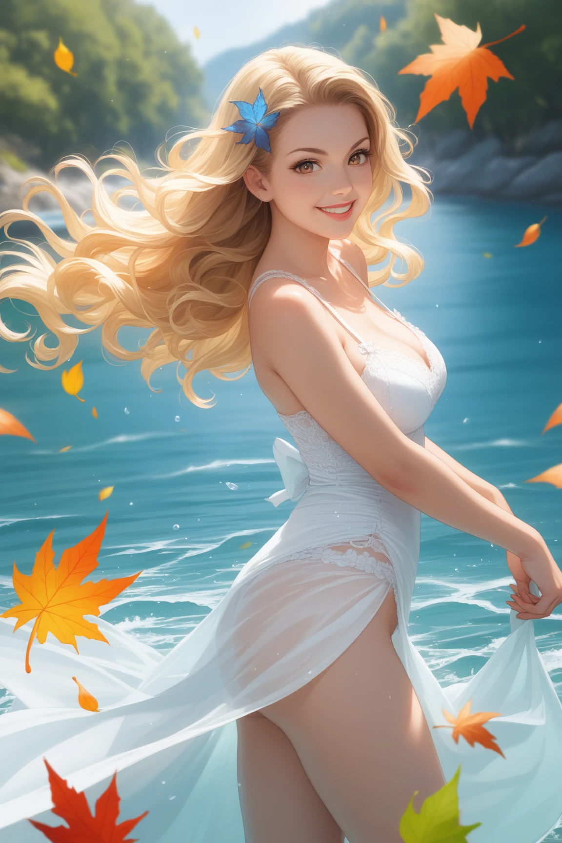 (((reality)))、(((highest quality、8k、masterpiece)))、European women、16 years old、Ash Blonde、Beautiful woman、shiny silky hair、god々々Shishi woman、Black dresoisturized light blue eyes、Hair blowing in the wind、Attractive ass、Professional photography、Perfect focus、Rear View、Outdoor、European countryside、White costume