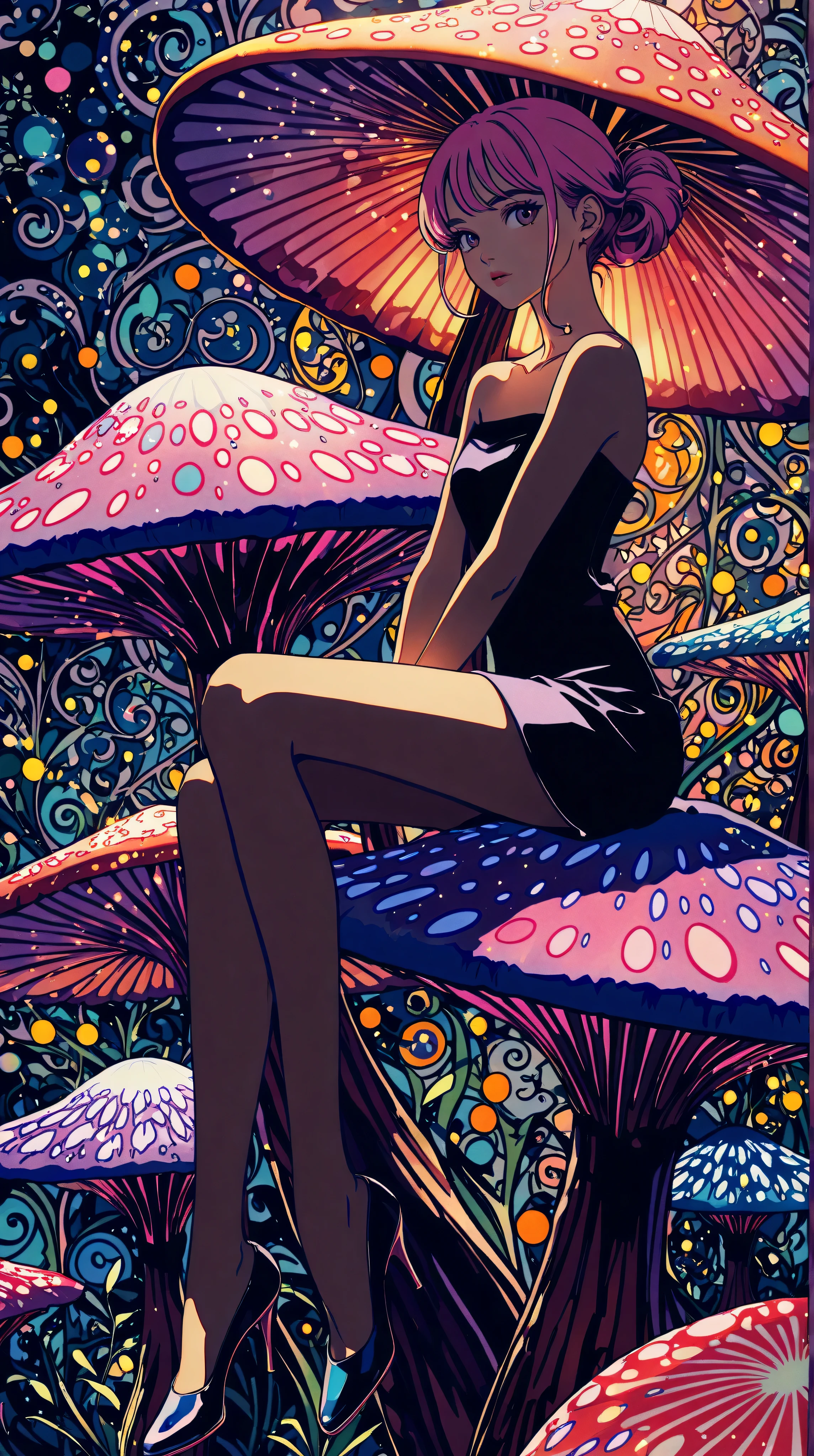 1girl,beautiful 18 year old girl,pink hair in a bun,bare shoulders,sitting on a giant mushroom,elegant,chic,modern,fashionable,muted colors,soft lighting,art nouveau,psychedelic anime style,colorful,trippy,vivid colors,bokeh
