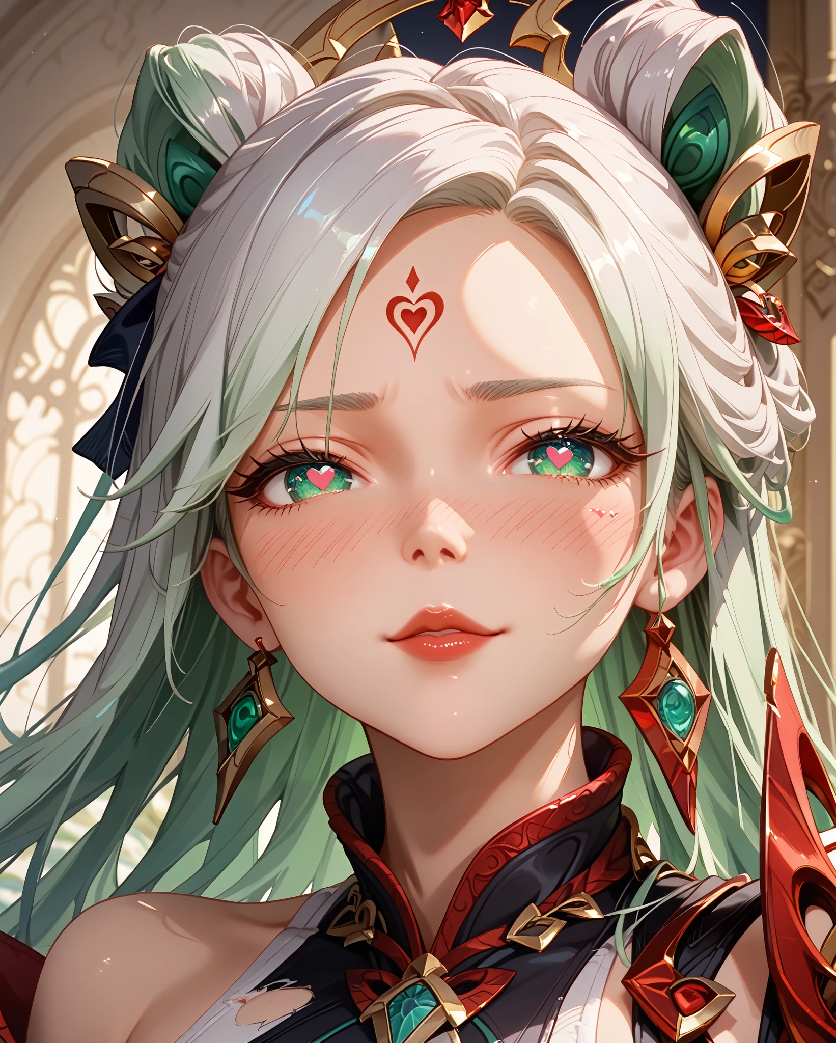 Score_9, Score_8_up, Score_7_up, Score_6_up, Score_5_up, Score_4_up, Tag1, Tag2, Quality_masterpiece, Absurd res, Anatomically correct, Beautiful face, Perfect face, Highly detailed beautiful face and eyes, Attractive face, Detailed face, Delicate facial features,high detail face, Detailed skin, hyper realistic ,high definition detail, Amazing work , wallpaper, screencap, masterpiece, high resolution, best quality ,8k ( Irelia From League ) (White Hair) (White clothes) (green clothes) (black clothes) (long hair) (without knifes) (black shorts) (updo hair) (green hair) (slanted eyes) (mark on the forehead) (white stockings) (red high heel boots) (red nails) (love blush:1.8) white panties, big thighs, eyes closed, big ass, undressing, heart eyes, perverted smile , torn suit, 1 girl, alone, squirt, squirt puddle, undressing,incoming kiss, close-up, Near distance, red lips
