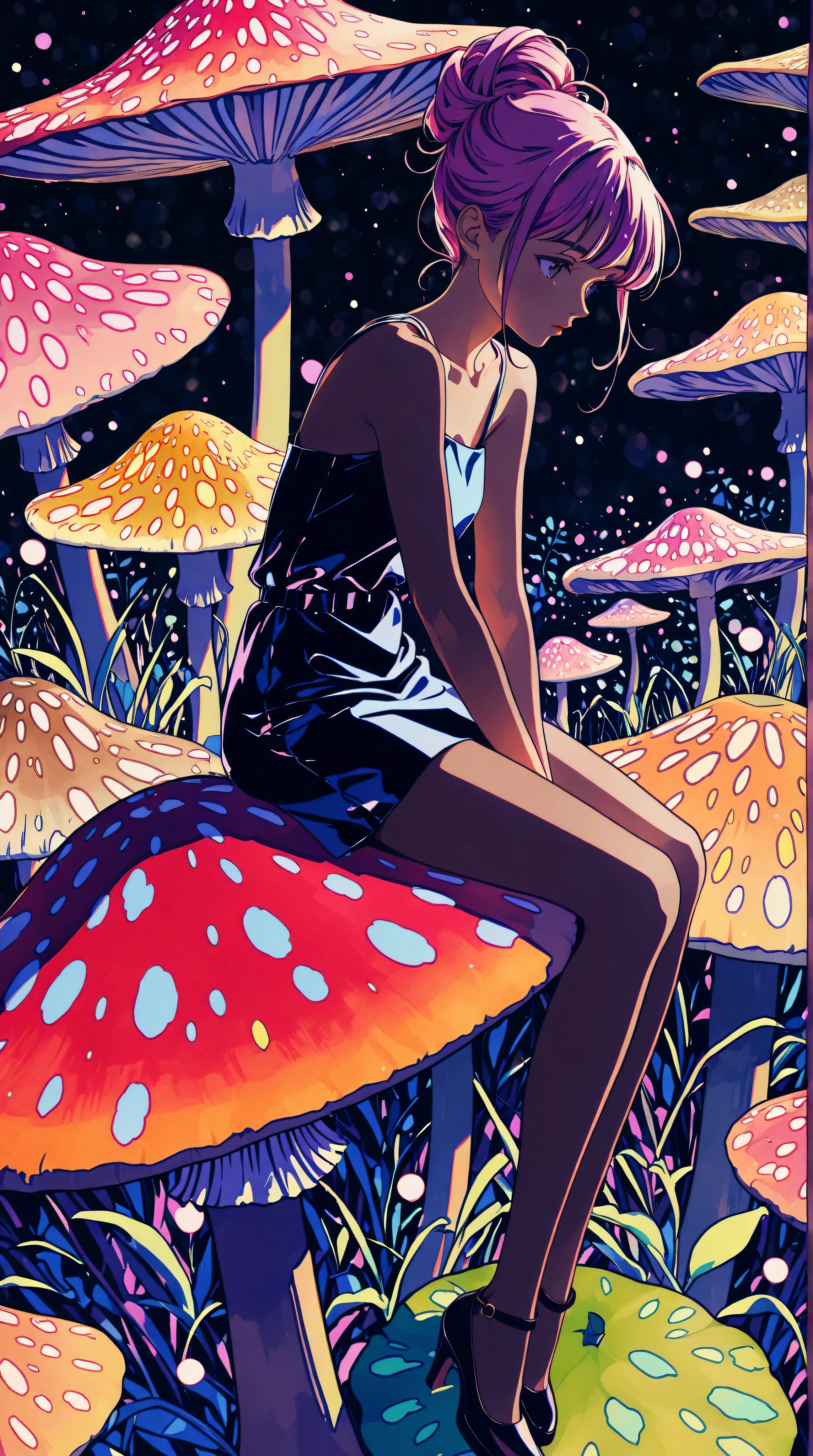 1girl,beautiful 18 year old girl,pink hair in a bun,bare shoulders,sitting on a giant mushroom,elegant,chic,modern,fashionable,muted colors,soft lighting,art nouveau,psychedelic anime style,colorful,trippy,vivid colors,bokeh