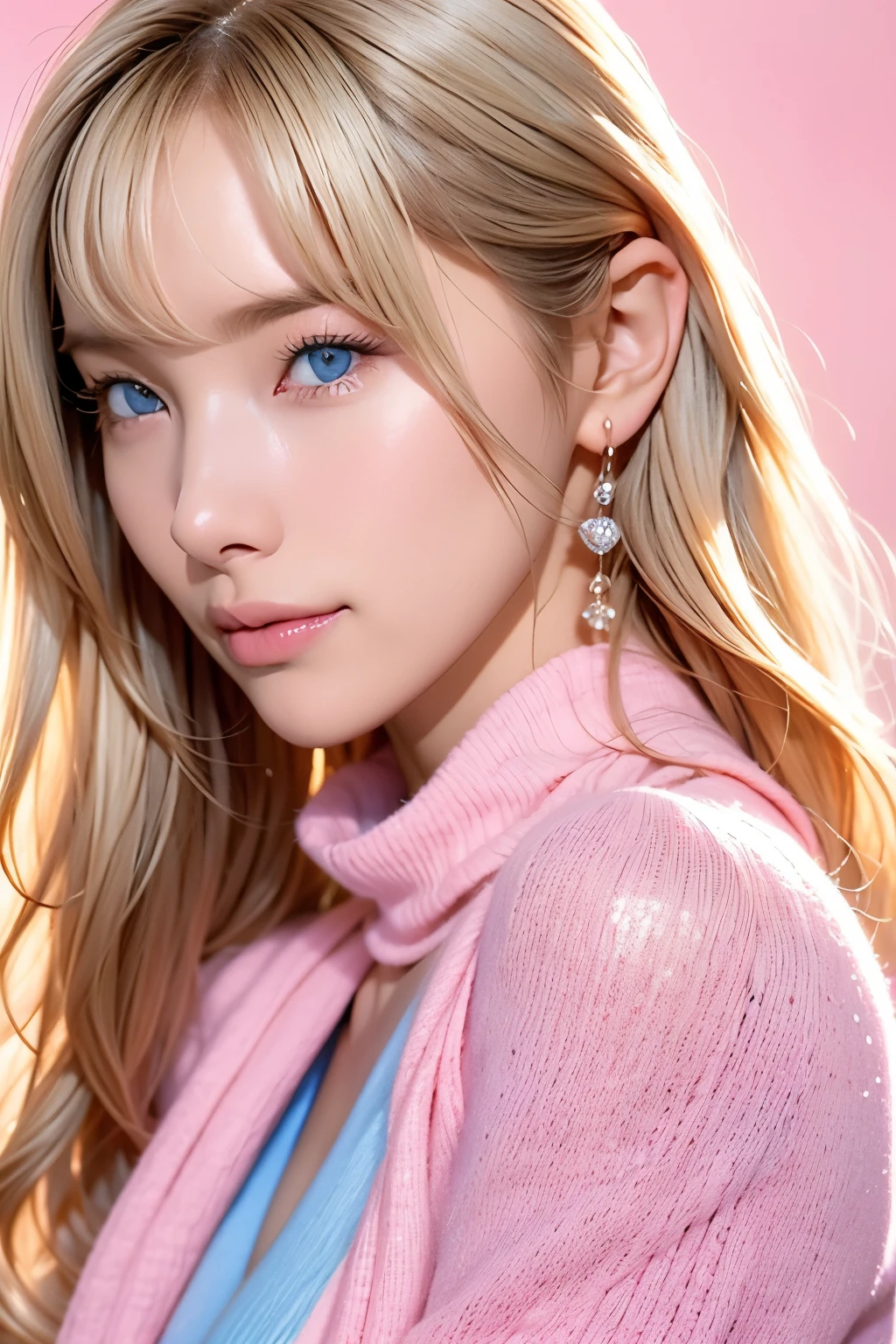 1 girl、((virgin killer sweaters))、blue sky、Bright and very beautiful face、 young, shiny white skin、Great looks、Pink-blond hair that reflects light vividly、Has beautiful shiny blonde hair、 very long, silky straight hair 、 long bangs、Very beautiful、big, clear , pale blue eyes 、beautiful、 adorable by design、 beautiful女の子
