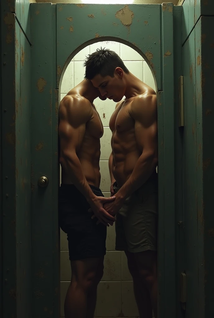 Two attractive teenagers in a school bathroom, They are both shirtless and one of them is resting his arm on the other&#39;s neck while they kiss passionately., and another while they are kissing puts his hand on the other young man&#39;s waist