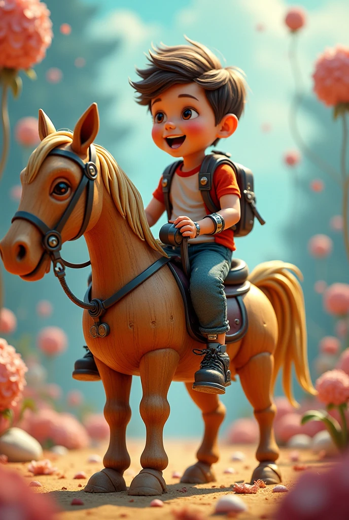 Realistic shadow image of a child riding a horse and holding a watering can to water a plant on the ground.