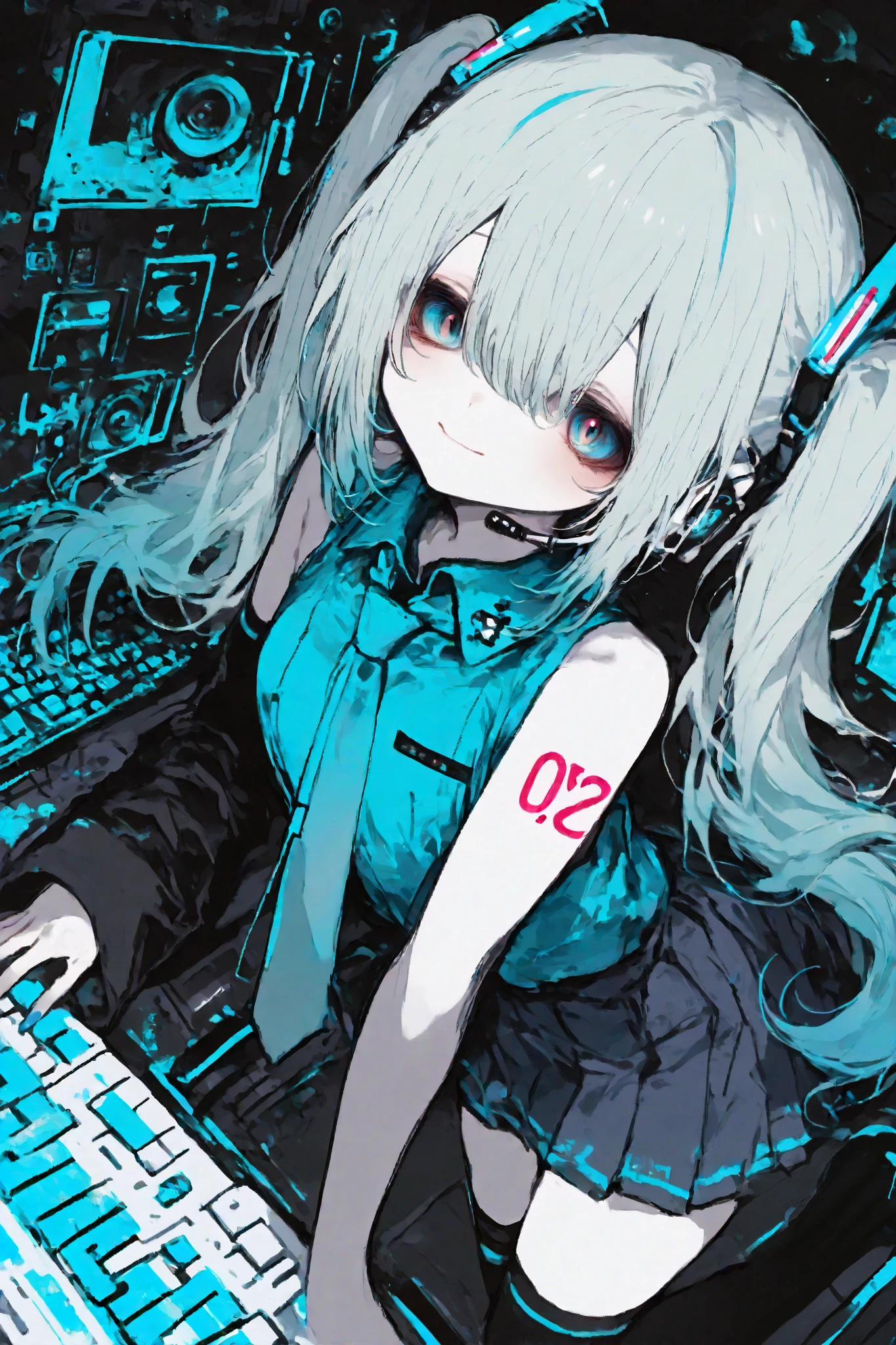 General,Komeshiro Kasu style, r17329_illu,usnr,hzk, general, 1girl,solo,large aqua blue eyes and long aqua blue twin tails featuring gradient and glossy texture, showing a soft and cheerful expression, wearing a futuristic gray and aqua blue outfit, including a sleeveless top with a tie, a pleated skirt with aqua blue accents, black over-sleeves with a keyboard design, and black thigh-high socks with aqua blue stripes, equipped with a headset on her head, a 01 tattoo on her left arm, and aqua blue nails, ultra-realistic rendering, focusing on the character's facial expression and outfit details, masterpiece quality in 8k resolution