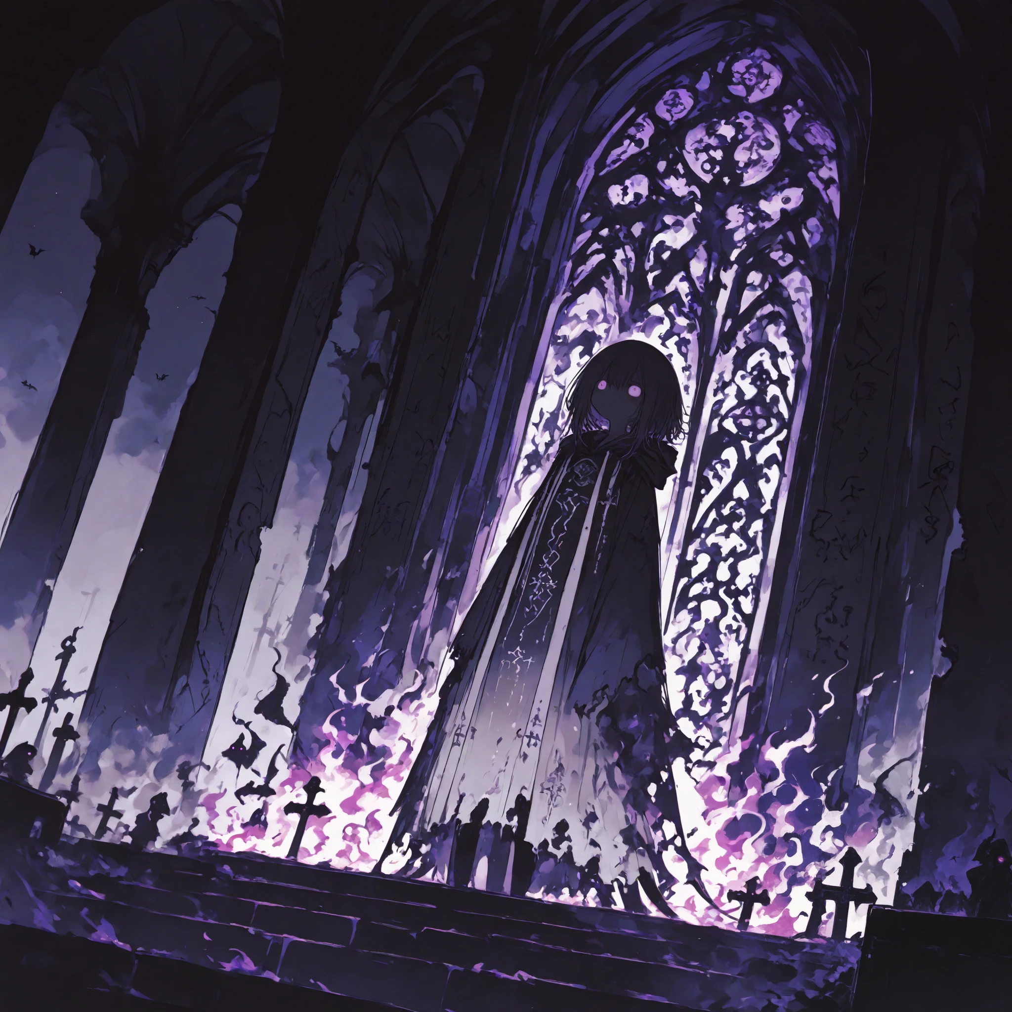 General,Komeshiro Kasu style, r17329_illu,usnr,hzk,(masterpiece, best quality, illustration, soft colors, ultra-detailed) A close-up of a sorrowful, purple-eyed demon standing at the center of a dark, fog-covered altar. They are dressed in torn, ceremonial robes, surrounded by symbols of an ancient religion. The night sky is shrouded in thick mist, illuminated only by the faint glow of purple flames. The figure’s expression reflects the pain of betrayal and persecution, as the symbols around them signify a dark prophecy.