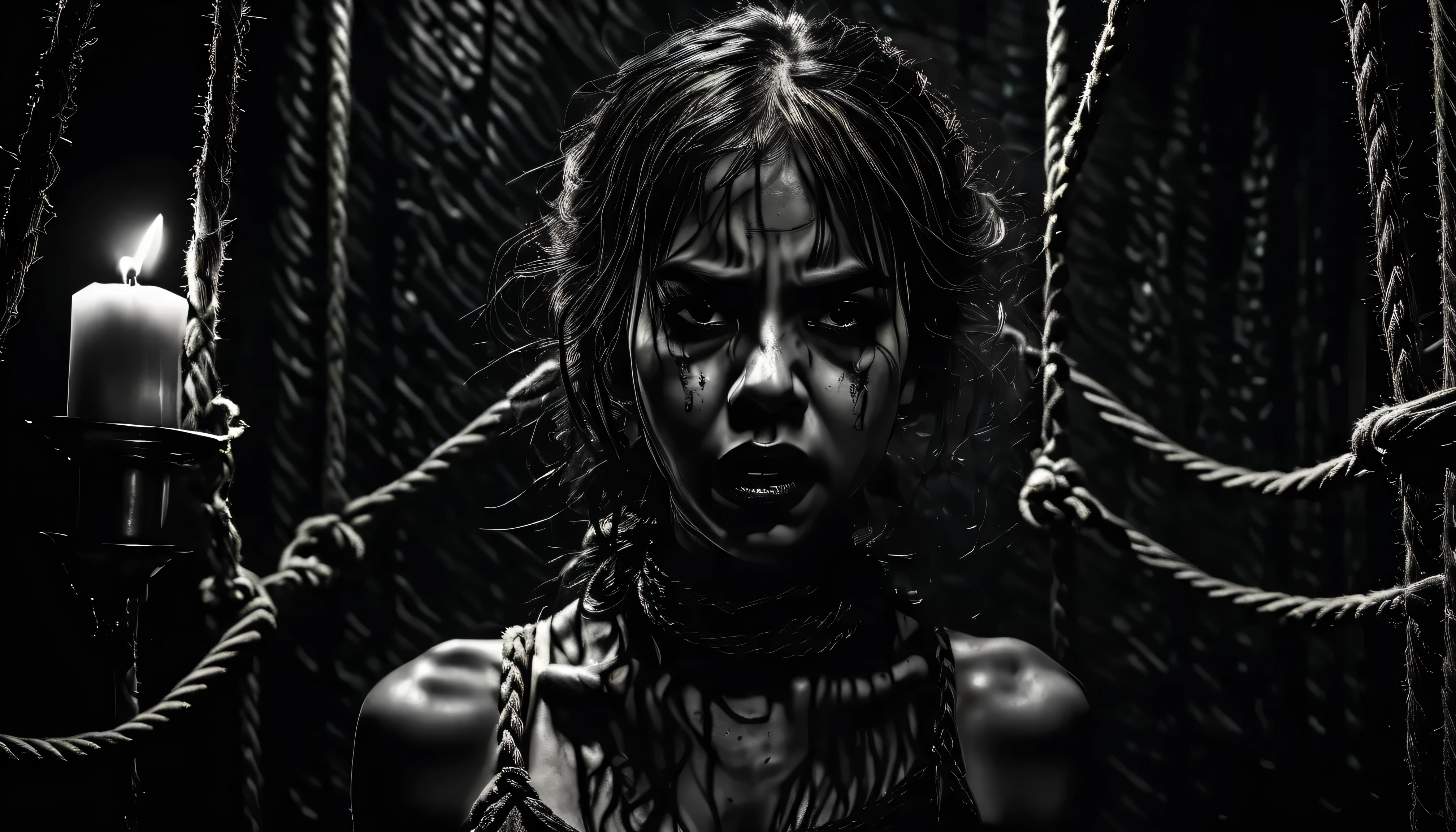 sfw,hogtied girl, detailed facial features, restrained posture, fearful expression, struggling against ropes, dark dungeon setting, candles flickering, cobweb-covered walls, dramatic lighting,gritty horror photography,dark oil painting,4K,8K,HDR,ultra-detailed,realistic,physically-based rendering,extreme detail,(black_and_white_photography),sfw