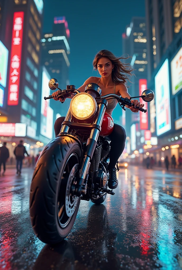 at night, 1girl, solo, large-breast:1.2 sexy slim woman, bikini top, mini skirt, black sunglasses, wind-blowing hair, glove, speeding a classic motorcycle in action, supercar chasing behind, half-body medium shot, hologram cyberpunk street as background.
