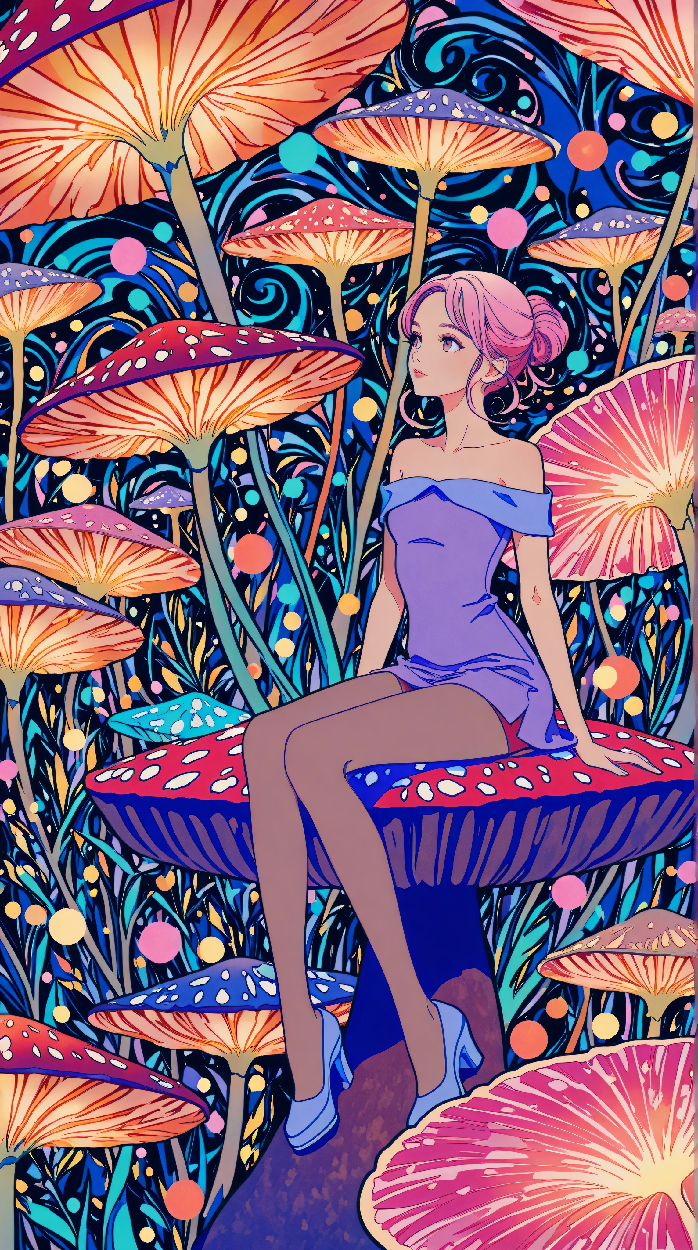 1girl,beautiful 18 year old girl,pink hair in a bun,bare shoulders,sitting on a giant mushroom,elegant,chic,modern,fashionable,muted colors,soft lighting,art nouveau,psychedelic anime style,colorful,trippy,vivid colors,bokeh