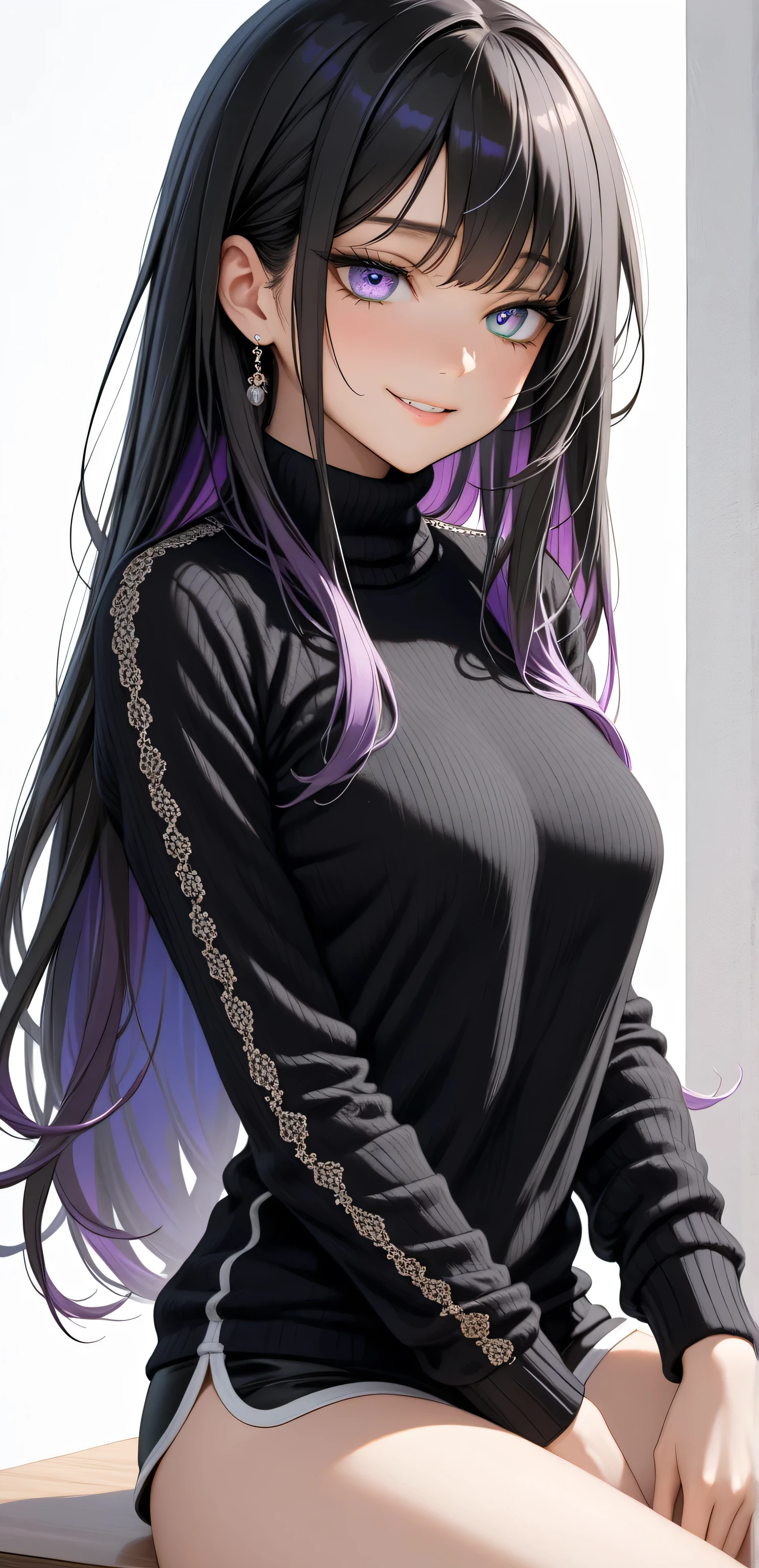 upper body, Random Sexy pose , ((Ultra detailing)), ((very aesthetic, best quality, ultra detailed)), intricate details, 1girl, ((long hair, Black hair, massy hair, purple inner hair)), ((Multi colour eyes)), ((Detailed eyes)), ((Beautifull eyes)), ((prefect eyes)), ((Ultra detailing eyes)) ,Medium breast, sharp jawline, cute smile, ((turtleneck knit:1.2, dolphin short), ((sit on Table))