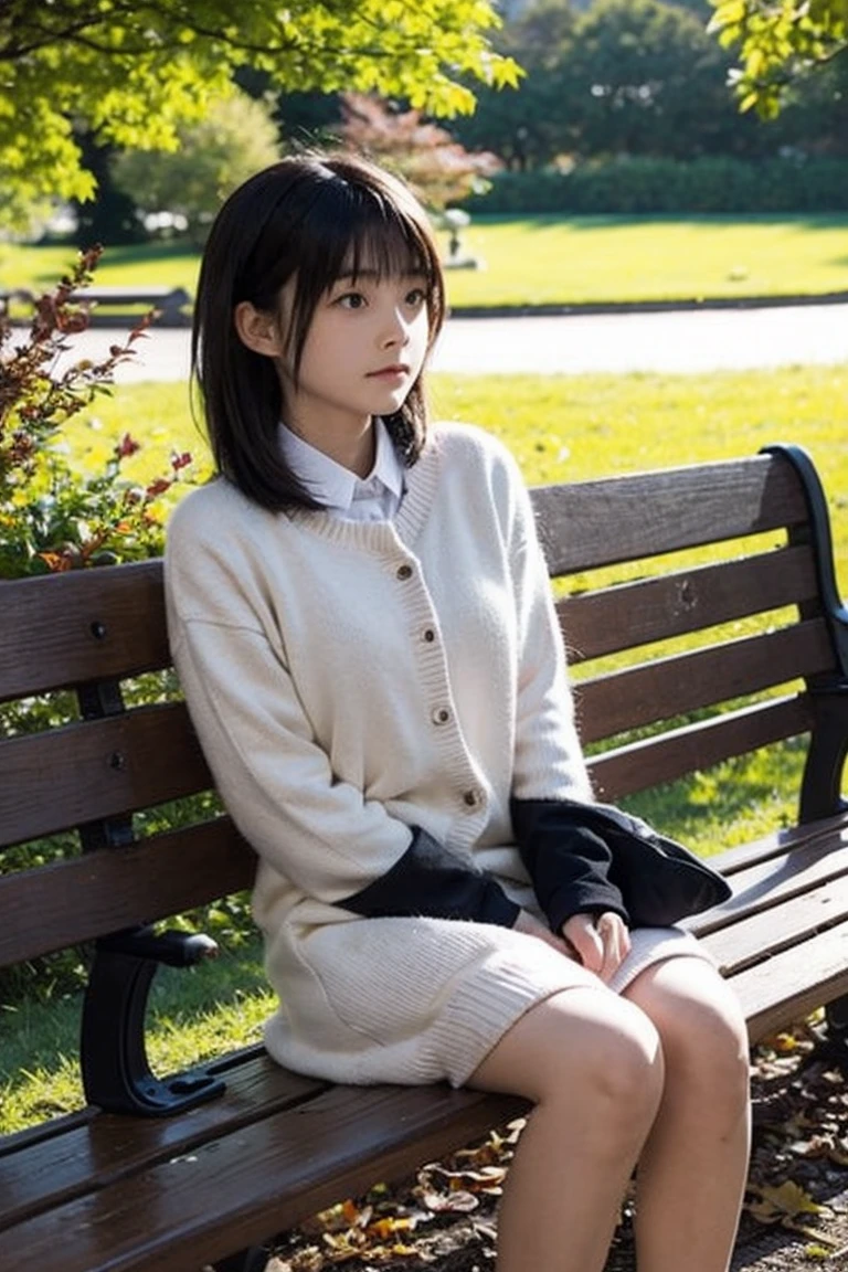 Photo taken by a professional photographer,Close-up of a woman squatting on the sidewalk with her legs crossed, kiko mizuhara, wearing a sweater, Shirahime cut brown hair, wearing a sweater, young and cute girl, japanese model, 白いwearing a sweater, Chiho, ランダムカラーのカジュアルなwearing a sweater,Cute short hair wave, a cute young woman, cute young woman, black pantyhose,black tights,black high heels,