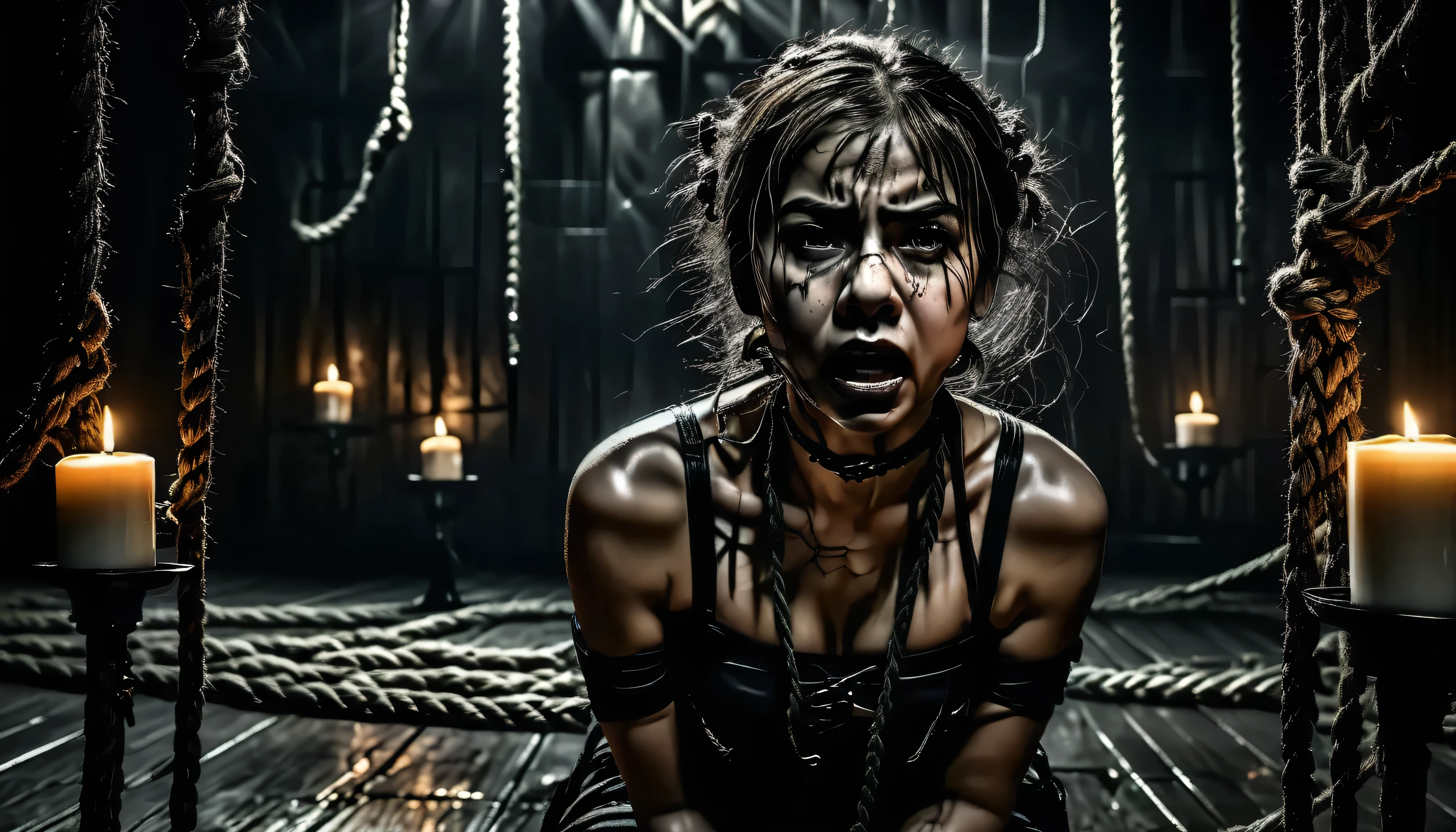Real dark dungeon detailed background, locked up behind bars, petit girl, dirt1.2, perfect face, beautiful but dirty face, scared0.4, (fully Torn clothes, showing body skin0.9), teen girl, (full body shot) beautiful detailed girl, perfect lightning, dynamic shot