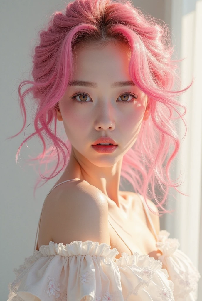 Light pink hair, Pink Eyes, Pink and white, Vibrant colors, White Dress, Paint splashes, Simple Background, Ray Tracing, Wavy Hair