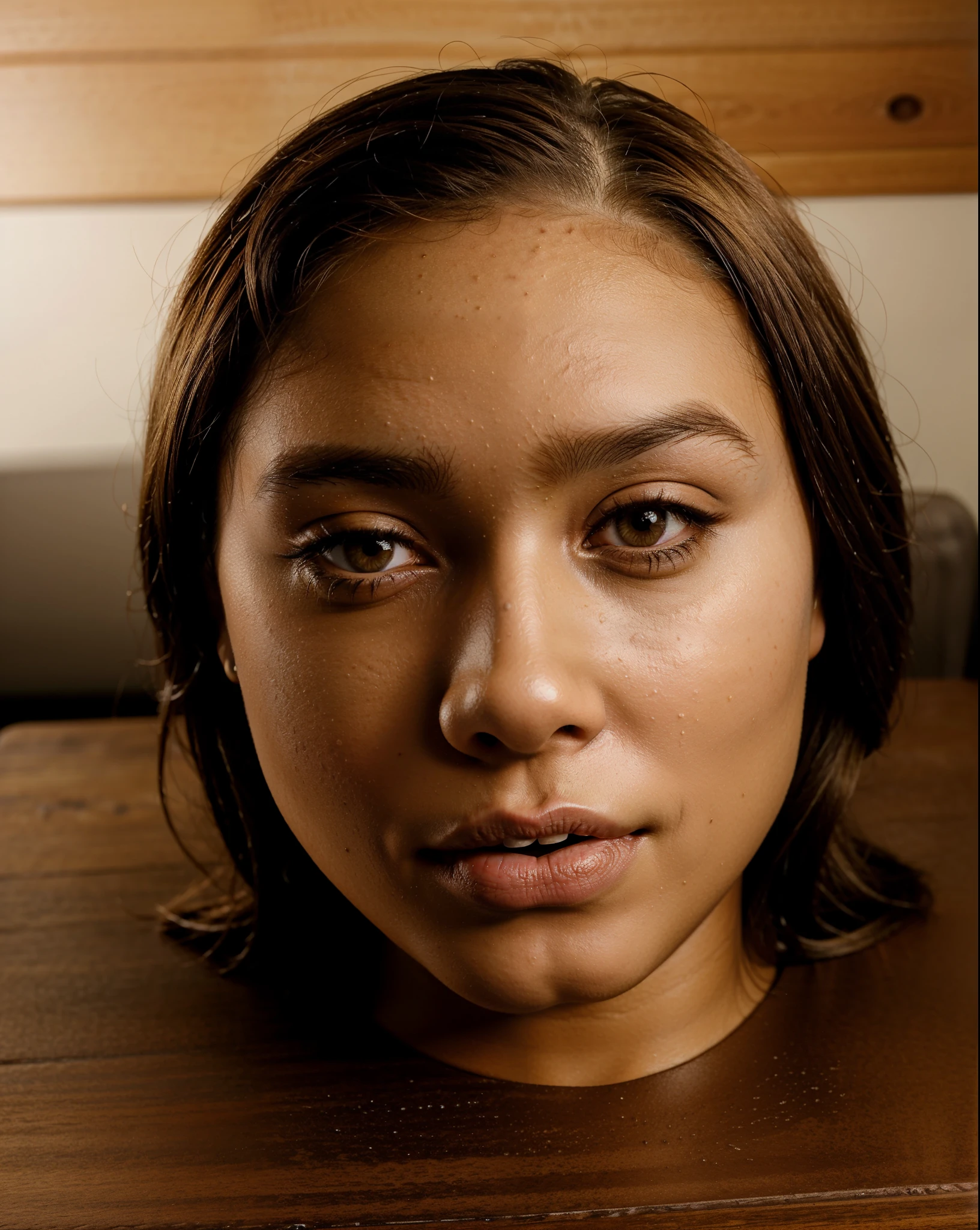 ((disembodied head on table)), headless, beautiful , young, lightskin Biracial American 21-year-old highly detailed skin, short blonde brown hair, wearing makup, (realistic), realistic indoor lighting, (best image, best quality)