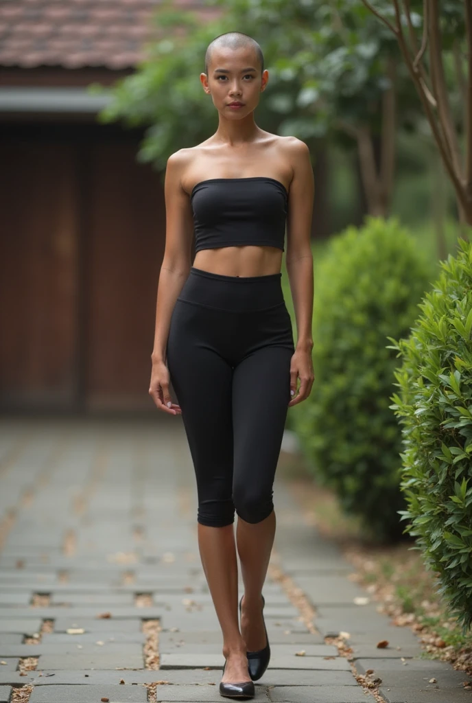 Foto hiperrealista en primer plano de Naomi Campbell, masterpiece, best quality, (photorealistic:1.4), full body,  (navy blue crop top:1.2 ((bare arms))), (navy blue tactical pants:1.2), Black knee high boots, runs through the jungle, cinematic light, beautiful woman, skinny, medium breasts, black long hair, hair tied in a ponytail, ponytail haircut, detailed face, smile, facing the camera, photo taken from a distance, age of 14 years old