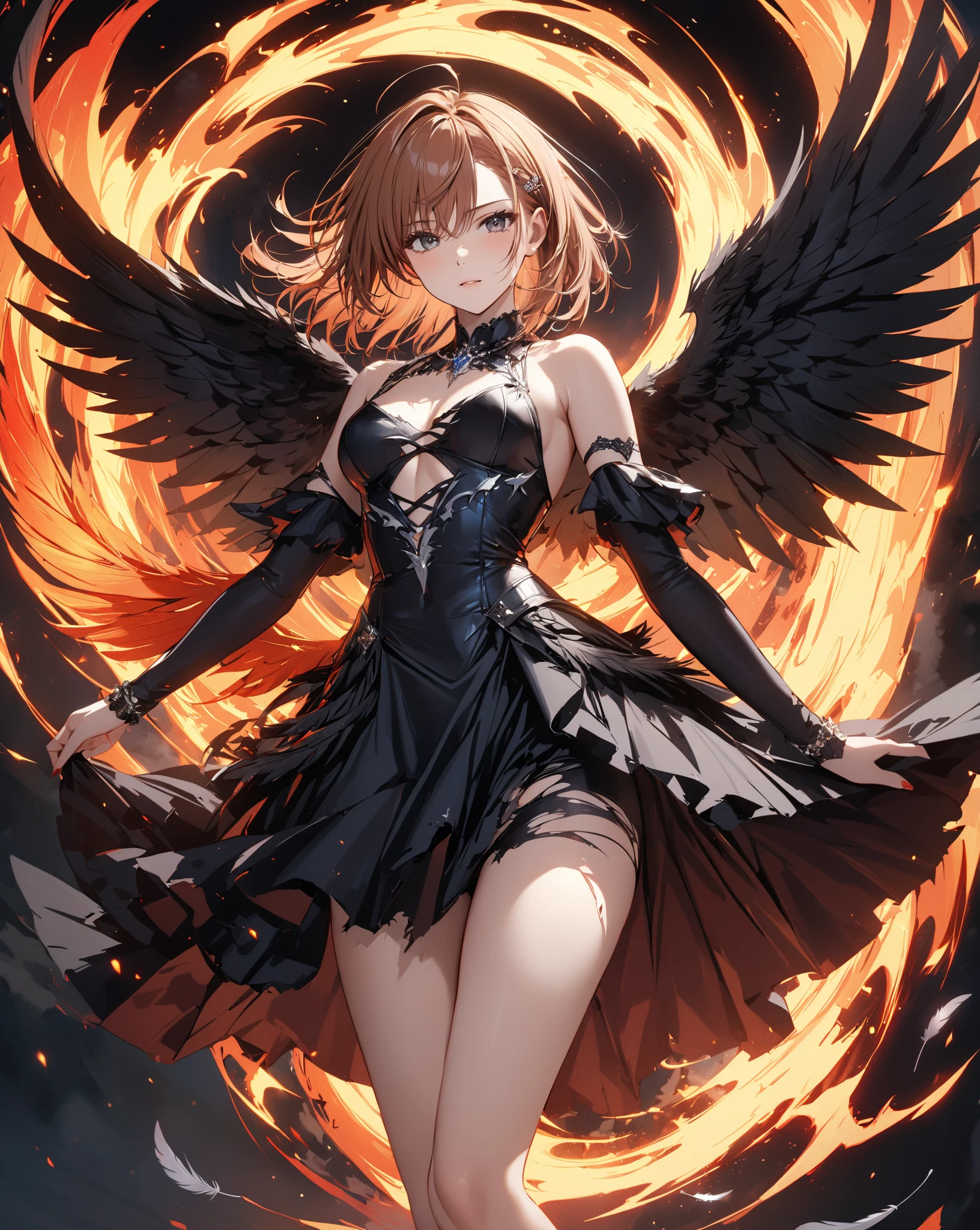 Phoenix, girl, sexy, cute, split thigh dress, fire, blush, wings made of fire, fire tail, feathers