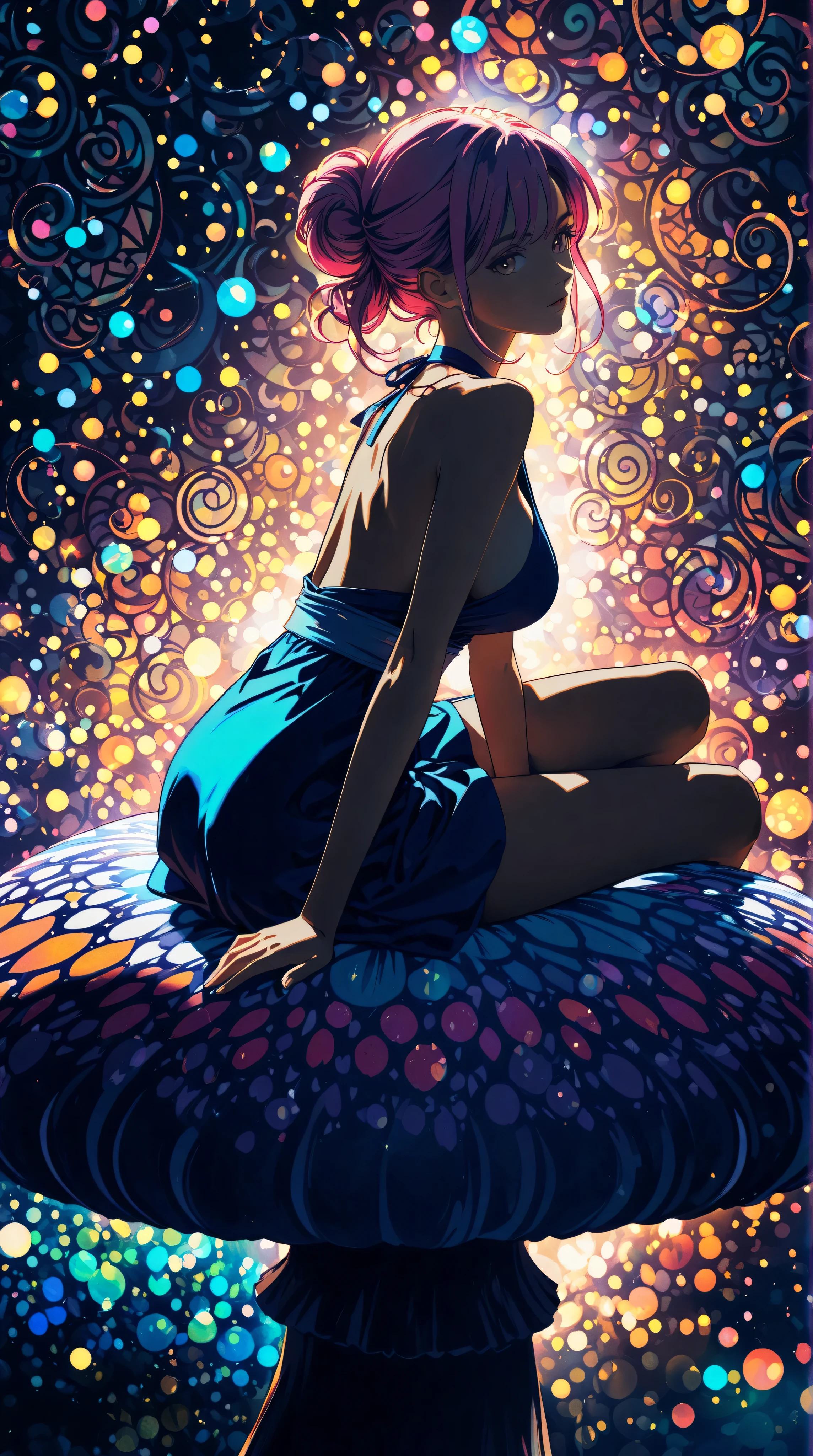 1girl,beautiful 18 year old girl,pink hair in a bun,bare shoulders,sitting on a giant mushroom,elegant,chic,modern,fashionable,muted colors,soft lighting,art nouveau,psychedelic anime style,colorful,trippy,vivid colors,bokeh, big breasts, sideboob,
