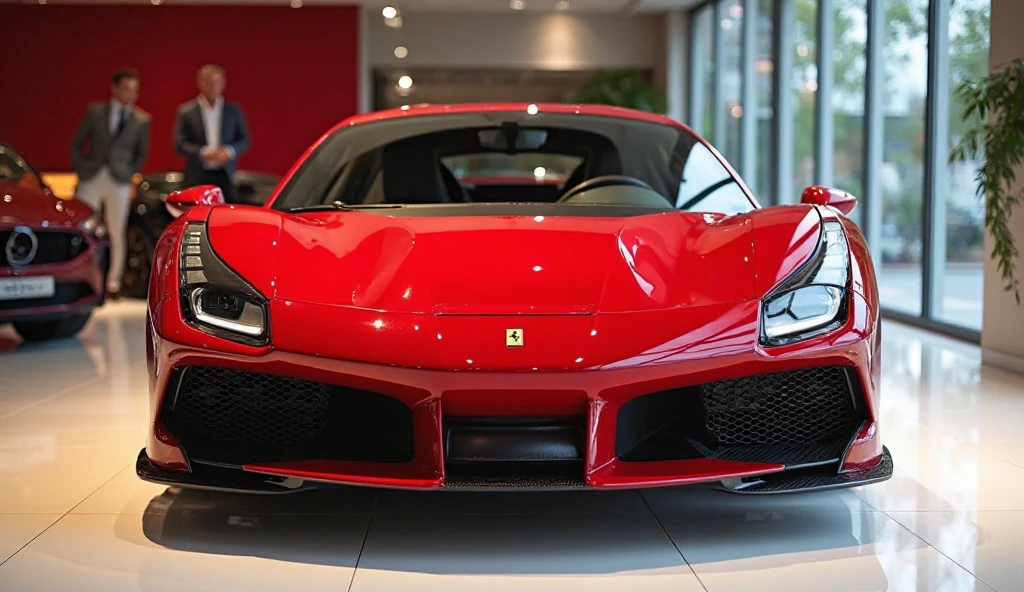 Close '' full front  '' view of painted ( luxurious Red   )with shiny clour 2025( Ferrari 488 GTB  ) sleek in large shape sedan in large size with this car  logo on its large detailed grille in shiny ( luxurious   )clour with angular sporty design captured from close  ''  full front  " view with modified sleek backlights & with a “Ferrari ” logo and with in a Luxury bright showroom with light White   Rivian R1S gleamy floor Quality,with two rectumgular exahust “ with very low suspension of car that touches showroom surface Super Detailed, and shining of showroom falling on car surface