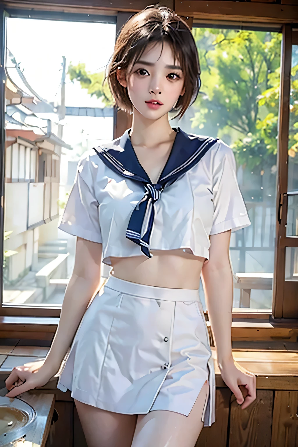 ((Highest quality, 8k, masterpiece :1.3)), 1 innocent girl:1.3, ( short hair, in Drenched Sailor Suits , Wet Miniskirt :1.2), very detailed face holding chopsticks on it, beautiful eyes, double eyelids,full body, cute face ,( ),( realistic face),(real skin), smart body , Hips are facing forward , half Japanese and half European,Sexy features