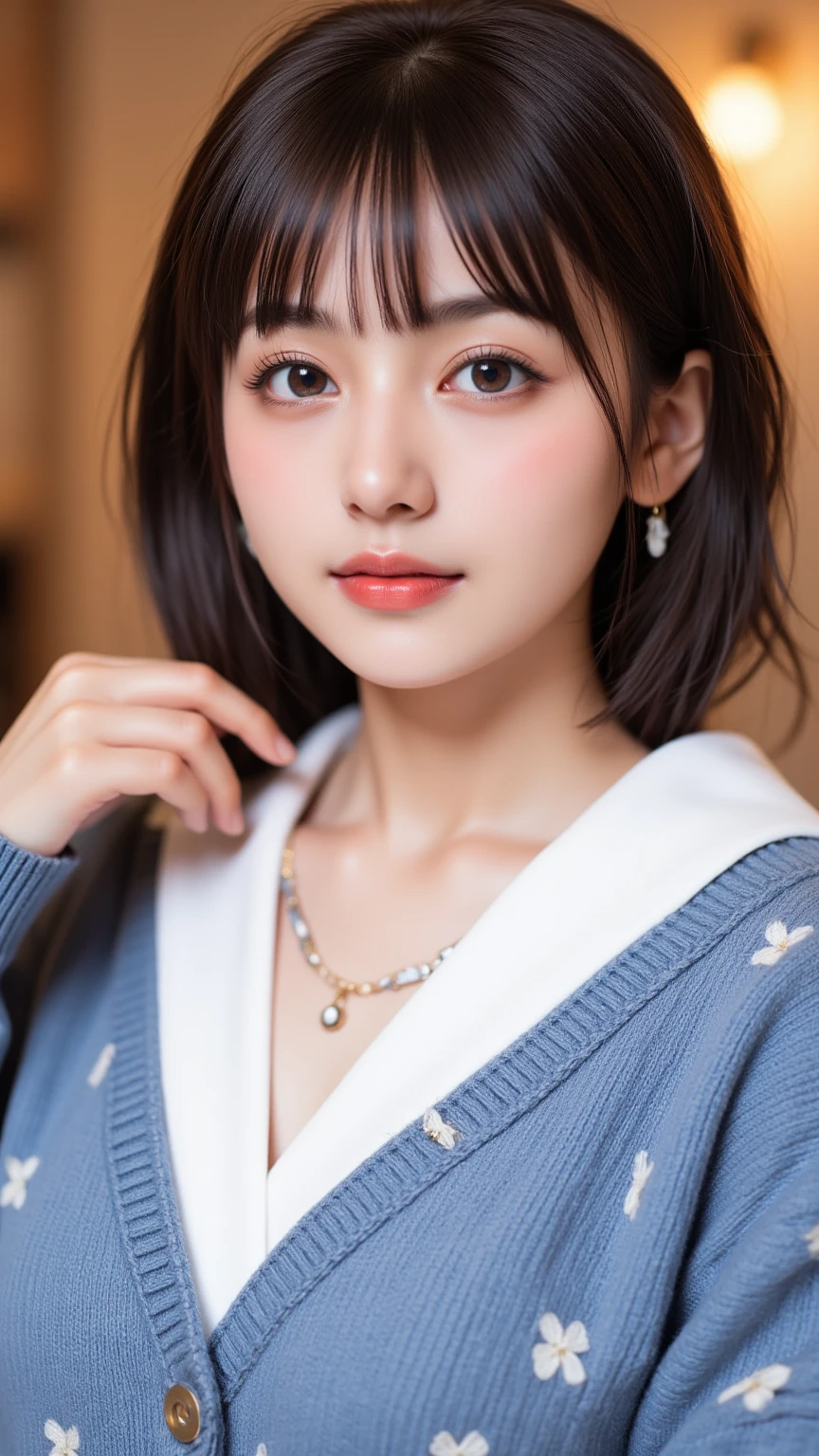 (8k, RAW photo, best quality, masterpiece:1.2), (realistic, photo-realistic:1.4), (extremely detailed CG unity 8k wallpaper), (1 girl:1.5), Japan style beauty, (Light blue clothes: 1.4), red spots on forehead, pale skin, blush, big eyes, half body, potrait, nice pose, in the office, light blue kimono, kimono girl, omnyoji, kagura,