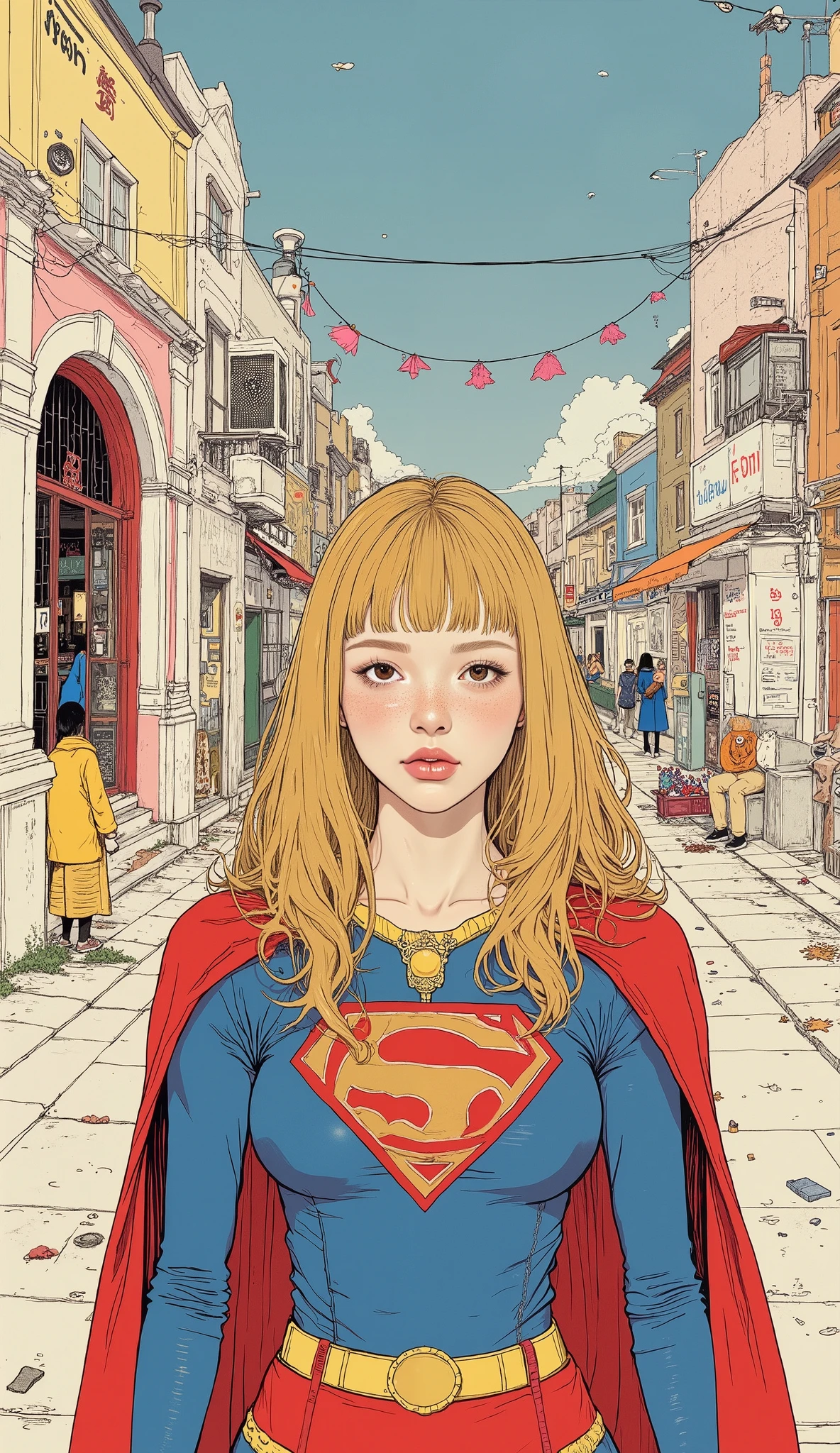 There is a picture of Supergirl, Inspired by Katsuhiro Otomo , otomo katsuhiro style, by Otomo Katsuhiro, pale and colorful architectural drawings by Yanagawa Nobumasa by Vadim Mellor , Katsuhiro Otomo style, Artist: Otomo Katsuhiro, Dynamic Guidance Art, Dynamic Guidance Artwork, Otomo Katsuhiro