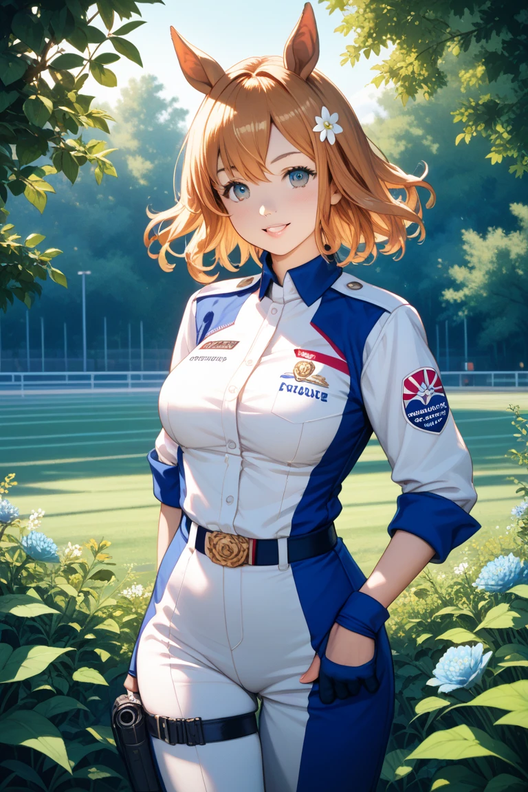 misty pokemon, short hair, Orange hair, Side ponytail, Blue eyes, SMILE, BREAK, rocket team uniform, (logo on shirt:1.25), White jacket, White skirt, thigh high boots, diaphragm, (bright Eyes:1.25), Masterpiece, Best Quality, extremely detailed, high quality, 4k, sharp focus, professional, sharp focus, awarded, cinematic lighting, octane rendering, unreal engine, volumetric dtx, wallpaper,