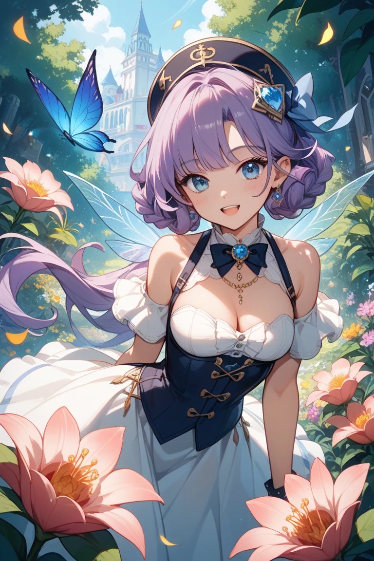 (8K、RAW photo、highest quality、masterpiece:1.2)、detailed background、beautiful and detailed face、beautiful and smooth skin、skin texture、professional lighting、Multiple little fairies、Fairy wearing a cute flower costume、Cute Ponytail,(big breasts:1.2)、emphasize the chest、hyacinth、Flowers that decorate spring gardens with their gorgeous appearance and fragrant scent.。