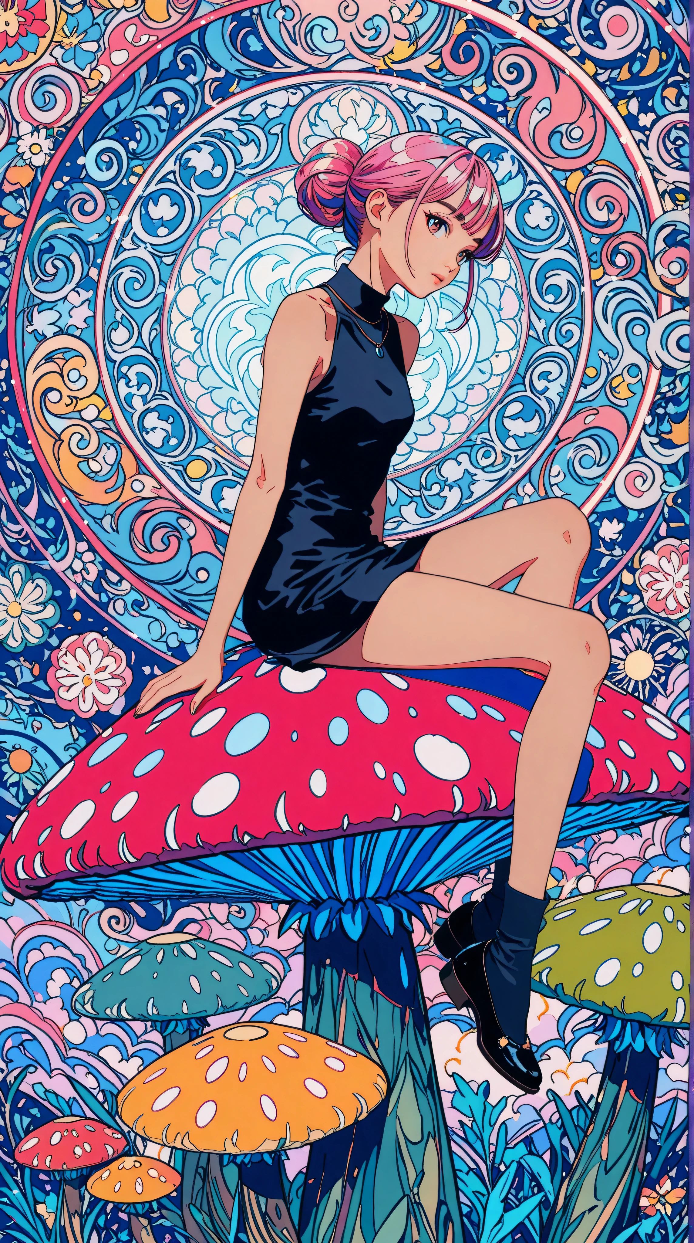 1 asian girl, beautiful 18 year old girl, pink hair in a bun, bare shoulders, sitting on a giant mushroom, elegant, chic, modern, fashionable, muted colors, soft lighting, art nouveau, psychedelic anime style, colorful, trippy, (best quality,4k,8k,highres,masterpiece:1.2), ultra-detailed, ultra-fine painting, sharp focus, vivid colors, bokeh