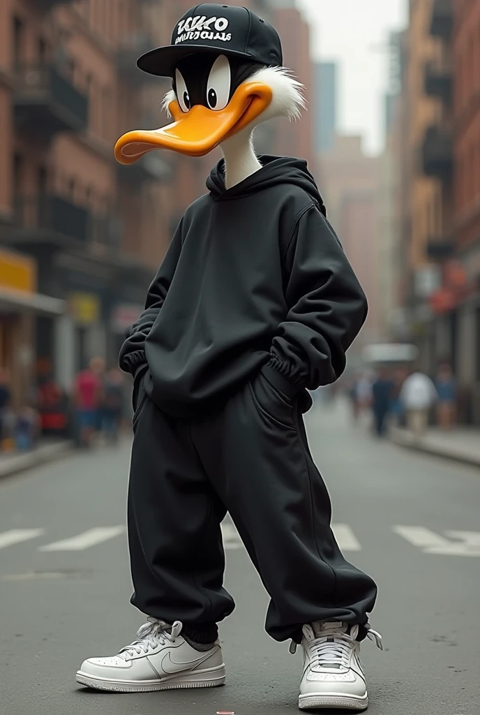 Loney Tunes Daffy duck with wide pants, a black fubu sweatshirt with an ecko unltd flat cap and white Nike Force hip hop sneakers that are all wide