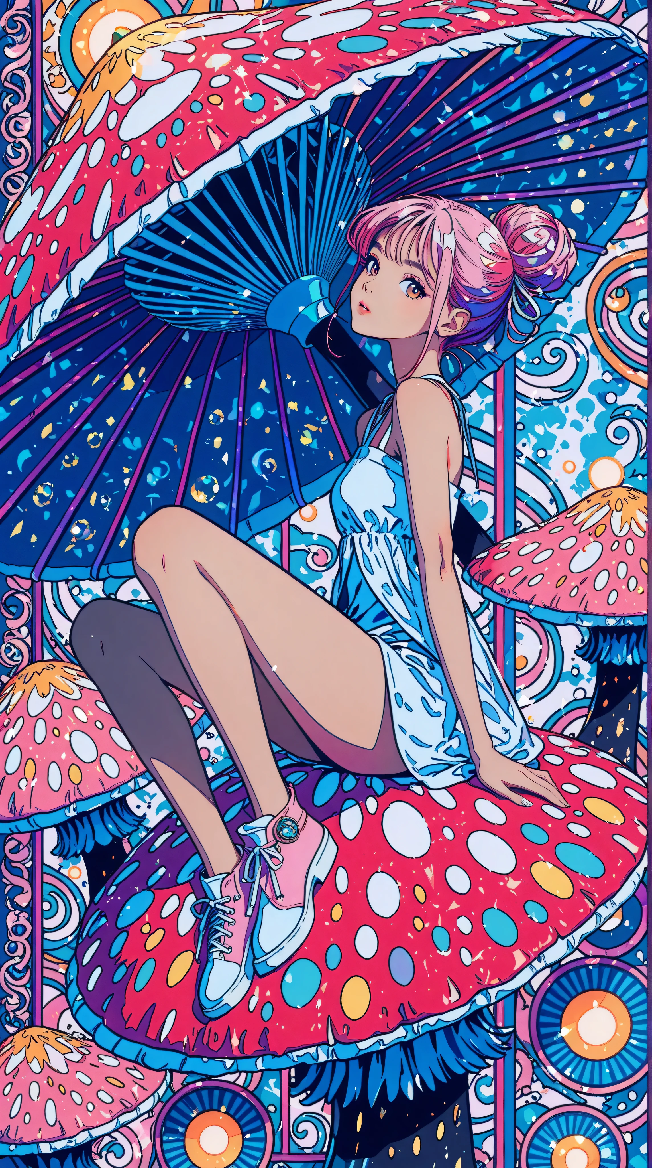 1 asian girl, beautiful 18 year old girl, pink hair in a bun, bare shoulders, sitting on a giant mushroom, elegant, chic, modern, fashionable, muted colors, soft lighting, art nouveau, psychedelic anime style, colorful, trippy, (best quality,4k,8k,highres,masterpiece:1.2), ultra-detailed, ultra-fine painting, sharp focus, vivid colors, bokeh