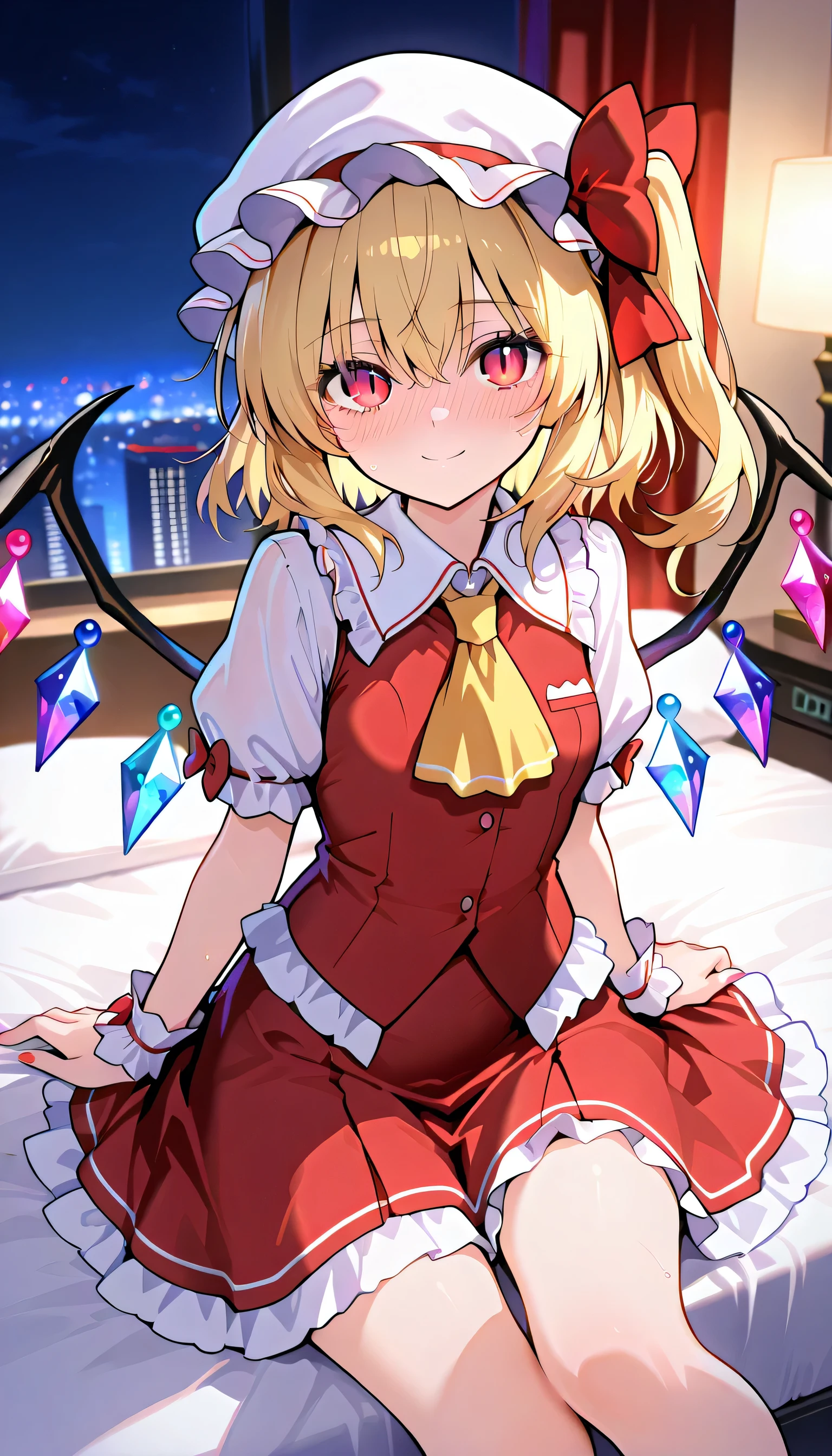 masterpiece, beautiful, a bit , cute girl, score_9, score_8_up , score_7_up , franc, francドレスカーレット , blond hair, side ponytail, red eyes, hair bow, red ribbon, hair between eyes, slit pupils, white headwear,Wings, Crystals, Crystals Wings, white puffy sleeve ,White sleeves, short sleeve, Red Vest, yellow ascot , red skirt, Ruffle Skirt, Red Mini Skirt, frills,, slim, slim body, small breasts, (indoors, love hotel , bed, dim), Full Face Blush That Grabs Your Legs、Audio Bible , lovely face, embarrassing, sweat, Red Face, I Love You, Hide your face with your hands when parting:1.3, Lovely Heart :1.4, heart-shaped pup ils, Audio Bible , throw, source_anime, smile:0.5