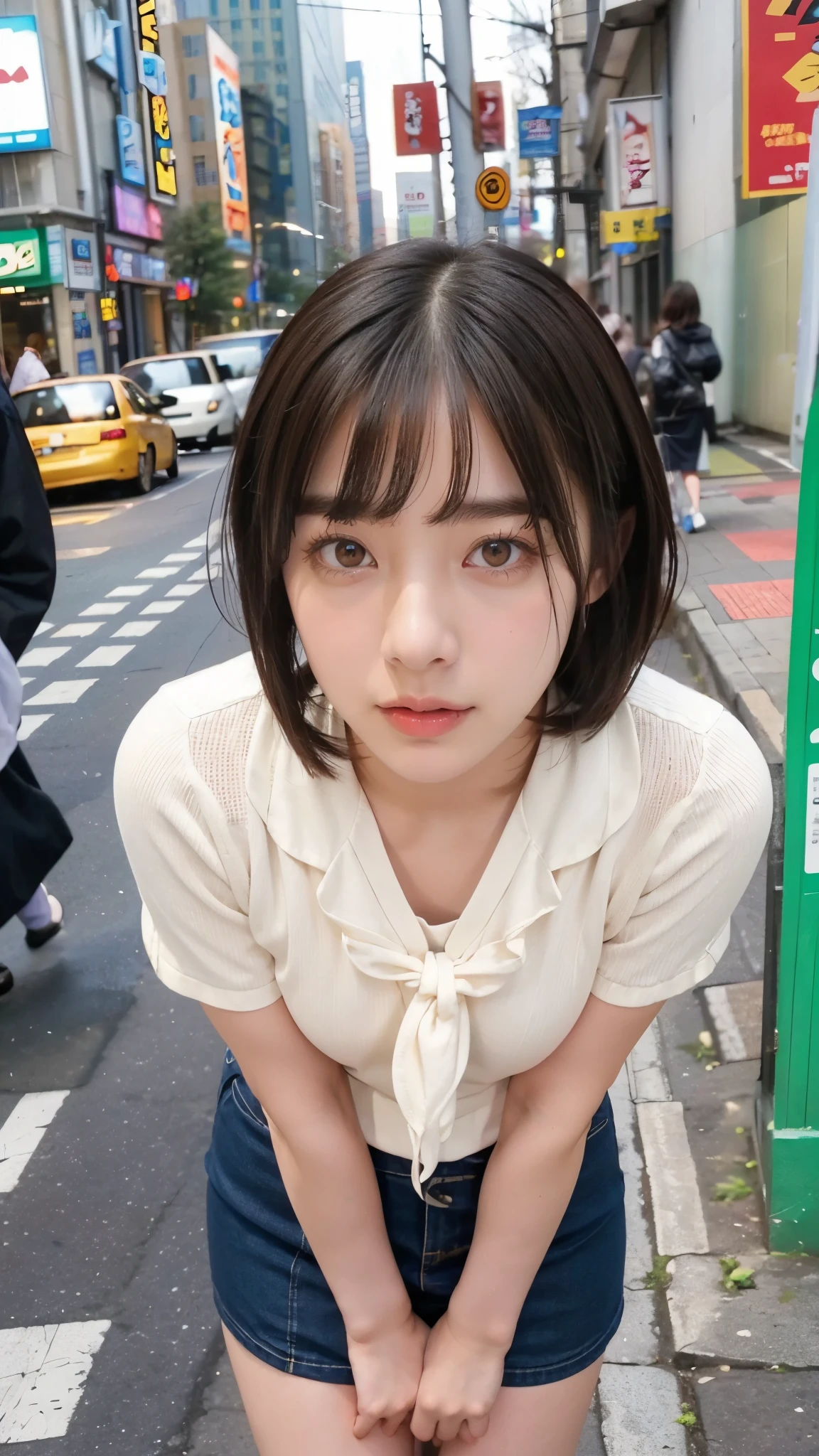 Electric horse prank in a public place, girl in public,Cute type, droopy eyes:1.5,  big round eyes, Leaned forward,  short hair, She is yawning,  she wants me to stop using her hands ,SHE ASKS FOR ME TO STOP USING THE VIBRATOR