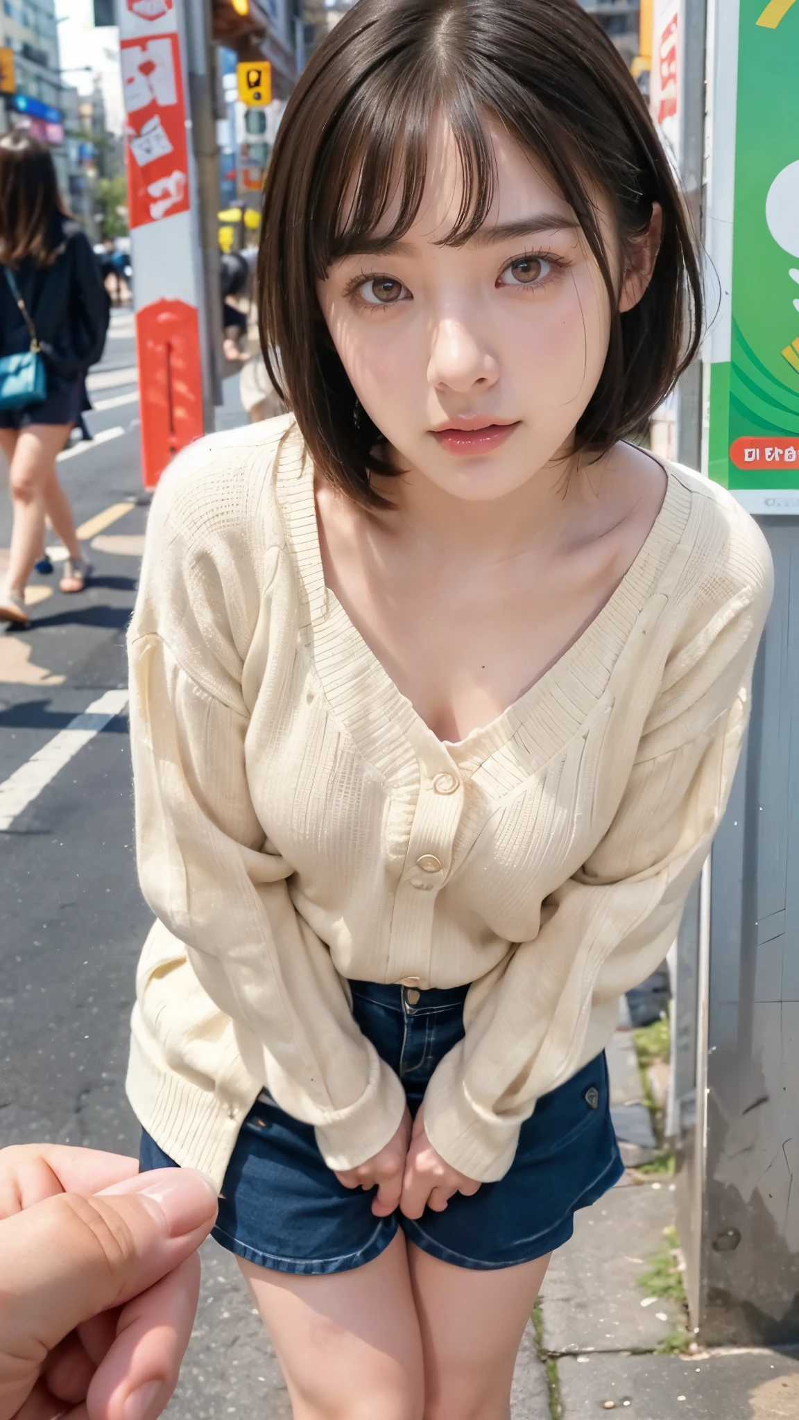 Electric horse prank in a public place, girl in public,Cute type, droopy eyes:1.5, big round eyes, Leaned forward, short hair, She is yawning, she wants me to stop using her hands ,SHE ASKS FOR ME TO STOP USING THE VIBRATOR