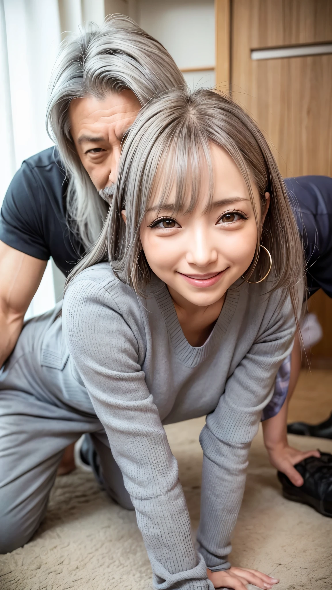 Male and female couple 1、a dignified gentleman with mixed gray hair backs hugging a woman on all fours:2.0、An old man who plays with a woman with a smile