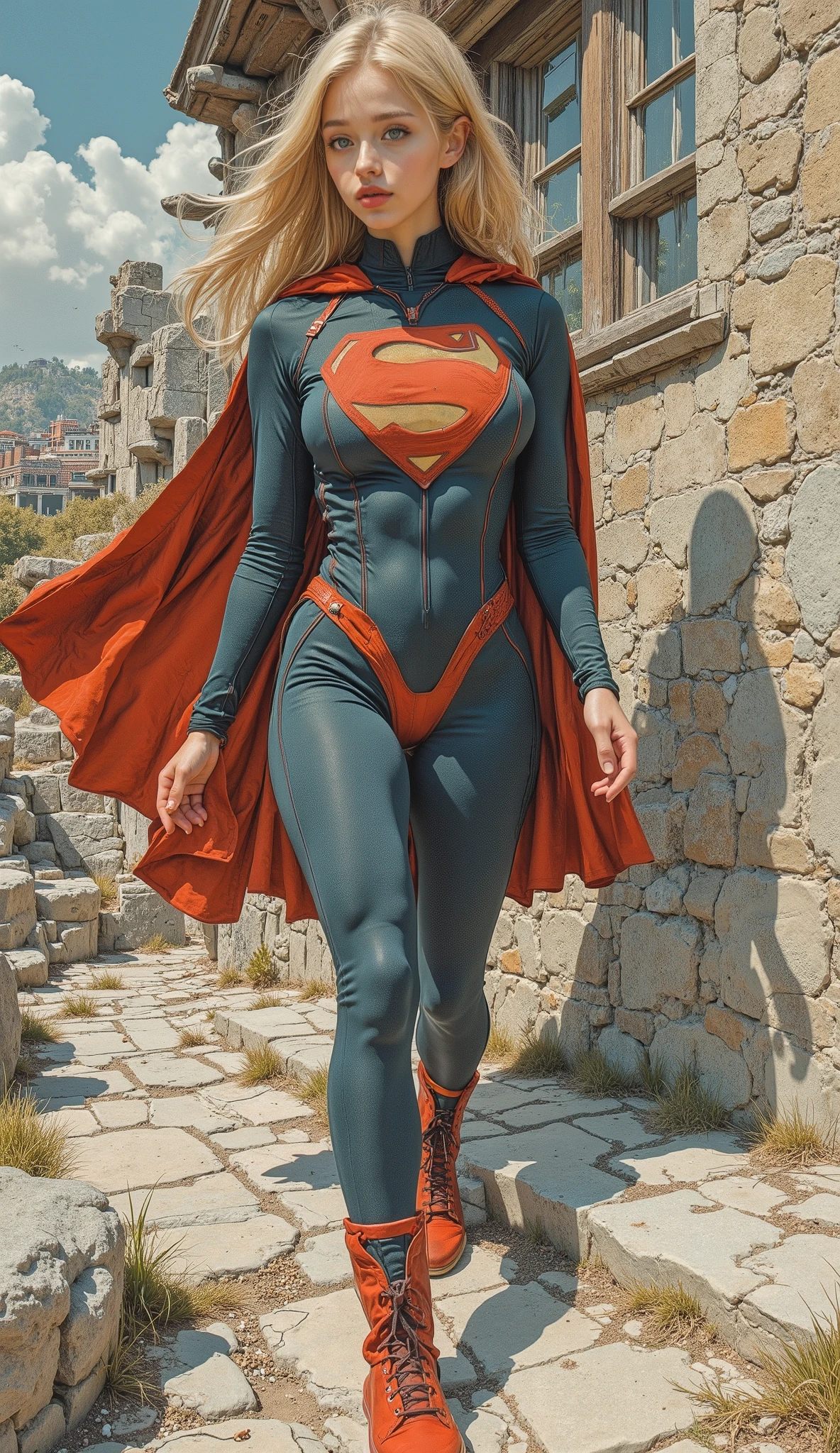 There is a picture of Supergirl, Inspired by Katsuhiro Otomo , otomo katsuhiro style, by Otomo Katsuhiro, pale and colorful architectural drawings by Yanagawa Nobumasa by Vadim Mellor , Katsuhiro Otomo style, Artist: Otomo Katsuhiro, Dynamic Guidance Art, Dynamic Guidance Artwork, Otomo Katsuhiro