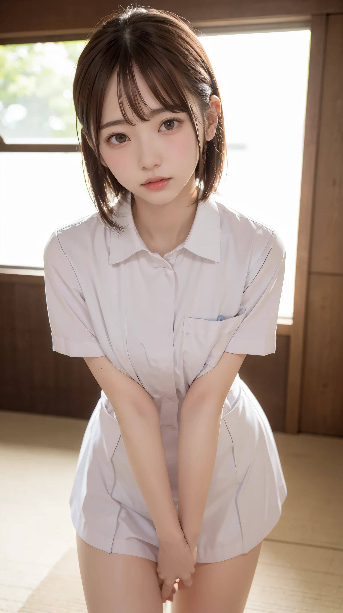 (1 Girl)、(Beautiful Japanese、18years old,round face、Refreshing、clear、seems kind、stylish、Pitiful、cute like an angel、cute、black eyes、,actress,Almond-shaped eyes,Translucent white skin、Beautiful skin), Good style , (Beautiful big breasts:1.2),(soft breasts),(very cute),(Black hair),(short bob hair),(enchanting eyes),(highlight on eyes:1.2)、(8K、Live shooting、highest quality、masterpiece:1.2、optimal lighting)、((masterpiece)),(Photo taken by a professional photographer),(real、photo real:1.4),break,{ (White nurse costume),(((taraditional nurse uniform)))},(Embarrassed face),(tears:1.4)),Old abandoned hospital,Face shot:1.3、(((Very dark hallway)))、((((Looking back)))),There is a small shadow of a woman in white at the back of the hallway.