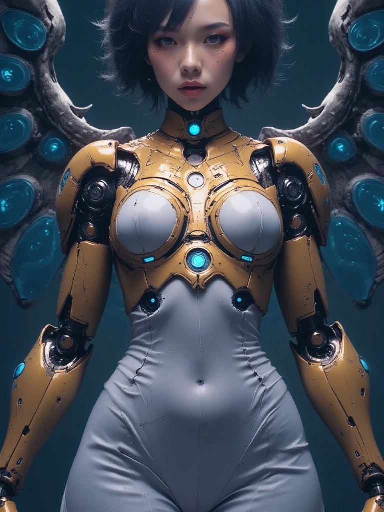(((独奏、SF、Female Android、Combat suit、arma、Multiple Giant Wings of Light、Neck of the machine、Mechanical chest、Flesh-and-blood breasts、Upper abdomen of the machine、Mechanical shoulder、Mechanical joints、full bodyesbian、Wires and cables attached to the neck、Head wires and cables、A circle of sparkling light surrounding the udder、The tip of the breast is a machine、A small magic circle that emits a strong red light is covered around each of the left and right areolas、A magic circle that emits a strong blue light in the crotch、Beams of light of all colors are emitted from the body)))、(((Wear a bra with cups)))、Boobs of all sizes、The presence of pubic hair in the crotch、Extensive pubic hair、Pubic hair sticks out of panties、All connected pubic hair、Don't trim pubic hair、(((Put on panties)))、Panties of any color、(Do not touch the nipple with your fingertips、Don't touch your crotch with your fingertips、Don't touch your pubic hair with your fingertips)、Don't open your knees wide、Not a、There is also a crouching pose、There is also an open-legged pose.、Wilderness Battlefield、Countless rays of light moving from behind to front of a figure in the sky、