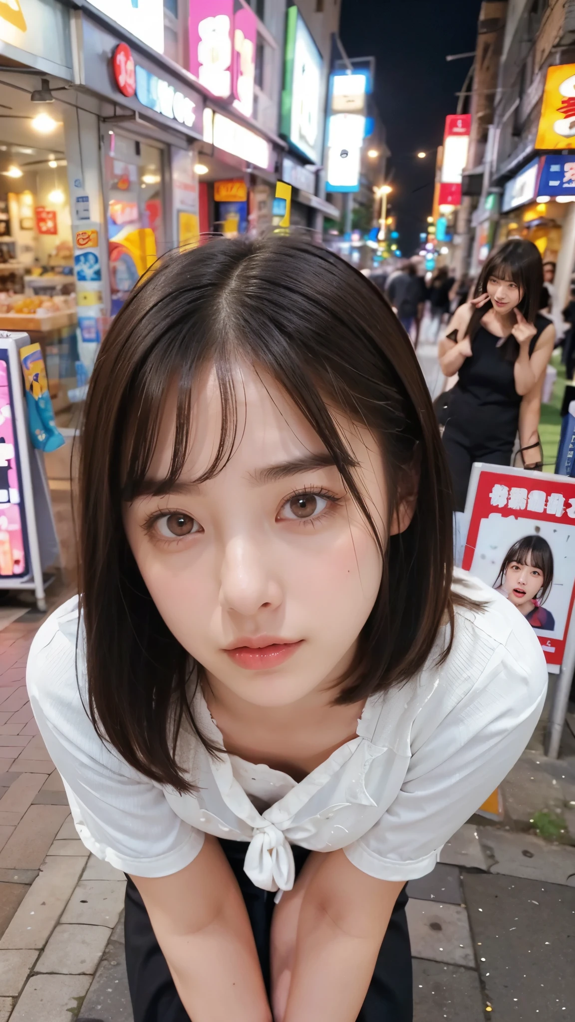 Electric horse prank in a public place, girl in public,Cute type, droopy eyes:1.5,  big round eyes, Leaned forward,  short hair, She is yawning,  she wants me to stop using her hands ,SHE ASKS FOR ME TO STOP USING THE VIBRATOR