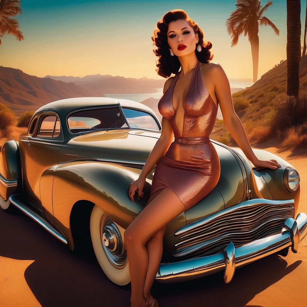 (masterpiece:1.4), (best quality:1.4), retro vintage pin-up style, extremely detailed, intricate, hyper-detailed, illustration, soft lighting, 18 years old tall anorexic skinny model girl, long slender perfect legs, long shapley arms, dark hair, parted and pulled back, very tall skinny model girl, model Kendall Jenner lookalike, vinyl mini dress, displaying sexy ennui, ((her mouth is open)), ((nearing orgasm), ((eyes closed)), (perfect_face), ((standing facing the camera: 1.5)), ((sitting on trunk of a red Pontiac GTO car: 1.5)), ((she’s wearing no underwear)), ((visible vagina)), ((smooth perfect round white ass)), ((glistening, shiny skin)), ((very red blushing cheeks)), out doors, bleak dry open roadside US California desert landscape, intricate, dramatic lighting, 4k, detailed_background, caustics, full_body, digital_illustration