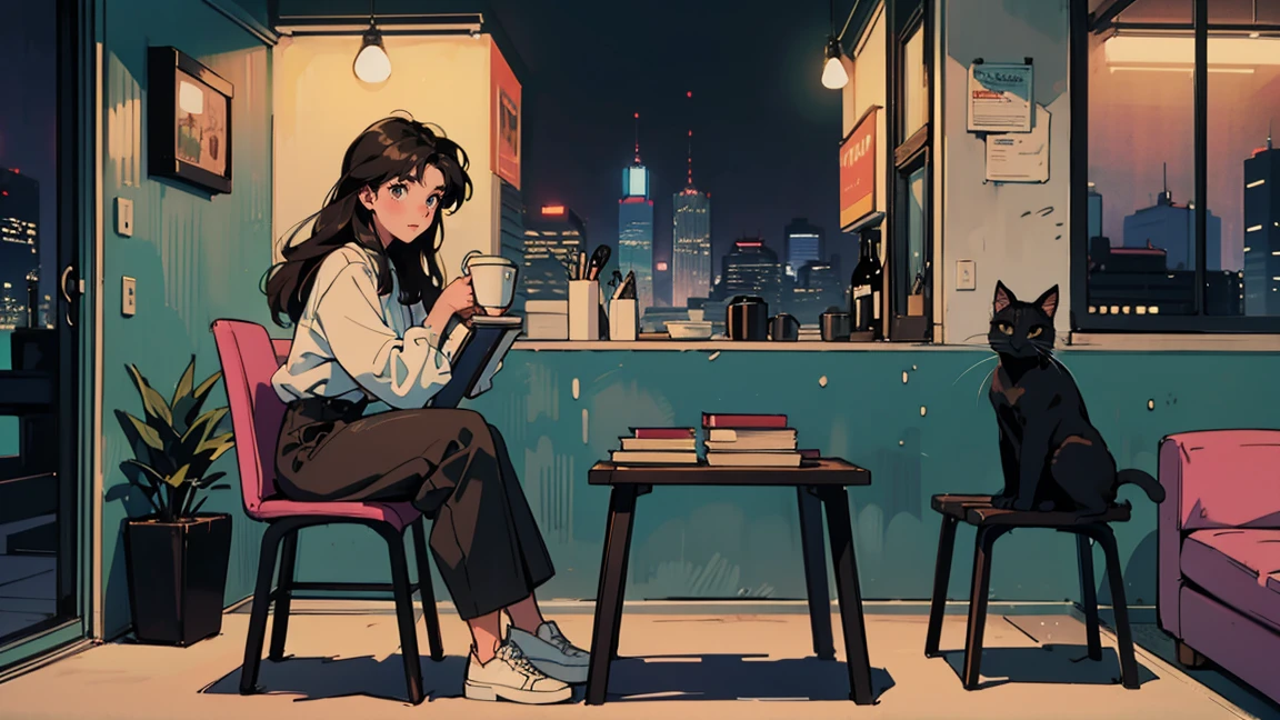 best quality, 8k, 1990s style,2010s hairstyles, 21 year old girl, black hair, long hair, light brown eyes, city pop, pants ,night view, wearing headphones,reading a book, whole body, relax coffee,table,confection,Looking at me, Black cat