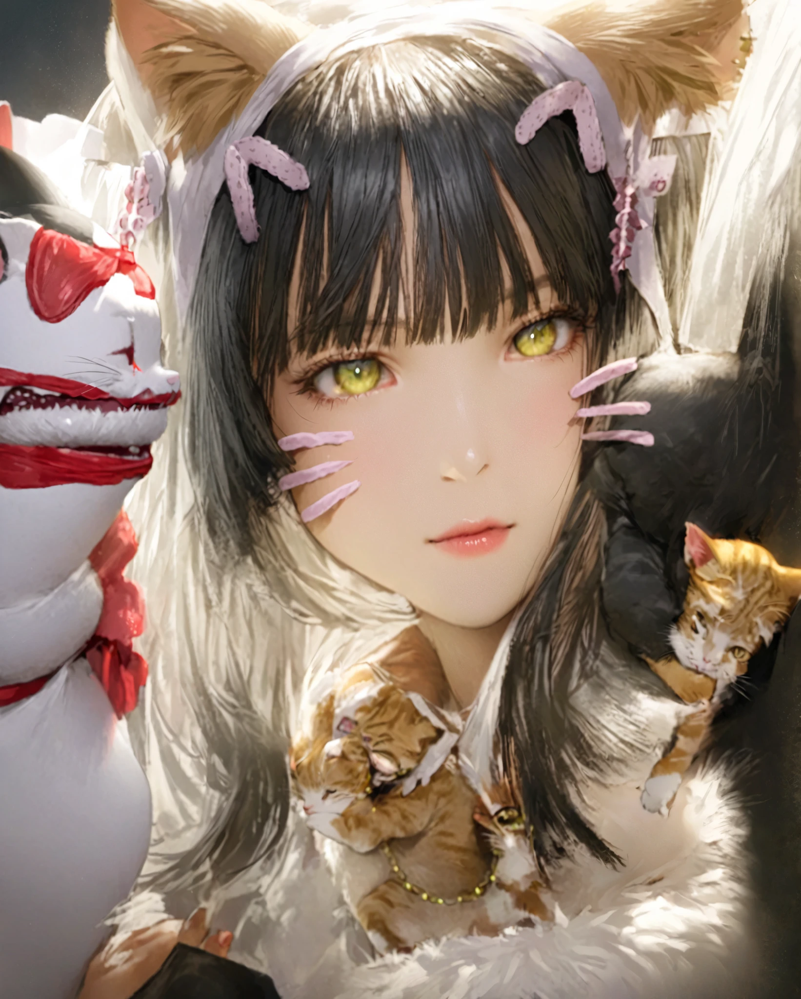 There is a woman wearing a cat costume and a cat earband, very beautiful cute catgirls, nekomimi, Animal ears, Attractive Cat Girl , Belle Delphine , anime girl with cat ears, girl with cat ears, Yoshitomo Nara, cute realistic portrait, Sakihime-chan , Sakimi-chan、