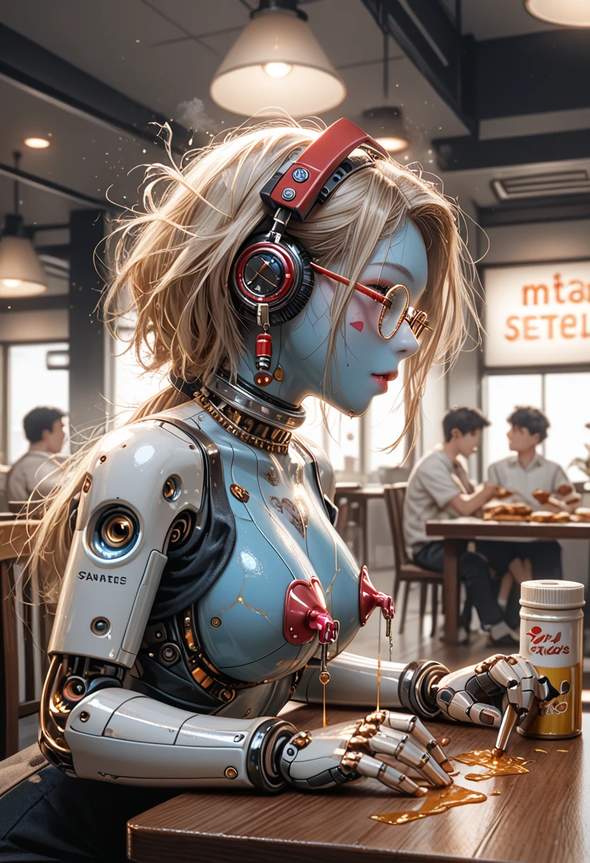 A robot sitting in restaurants, solo, alone female android, 2 meals , 2 wine glasses on table, from side view, mixed color, multiple color, red and blue body, glitter body, smoke, ((nipple tassels with nipple Pastie)), leaking oil, Overflowing oil, scattering oil, splash oil, oil on ground, from side, ((static shock line)), steaming,1r3zum1, chest tattoo, gold filled cracks, kintsugi cracked skin,