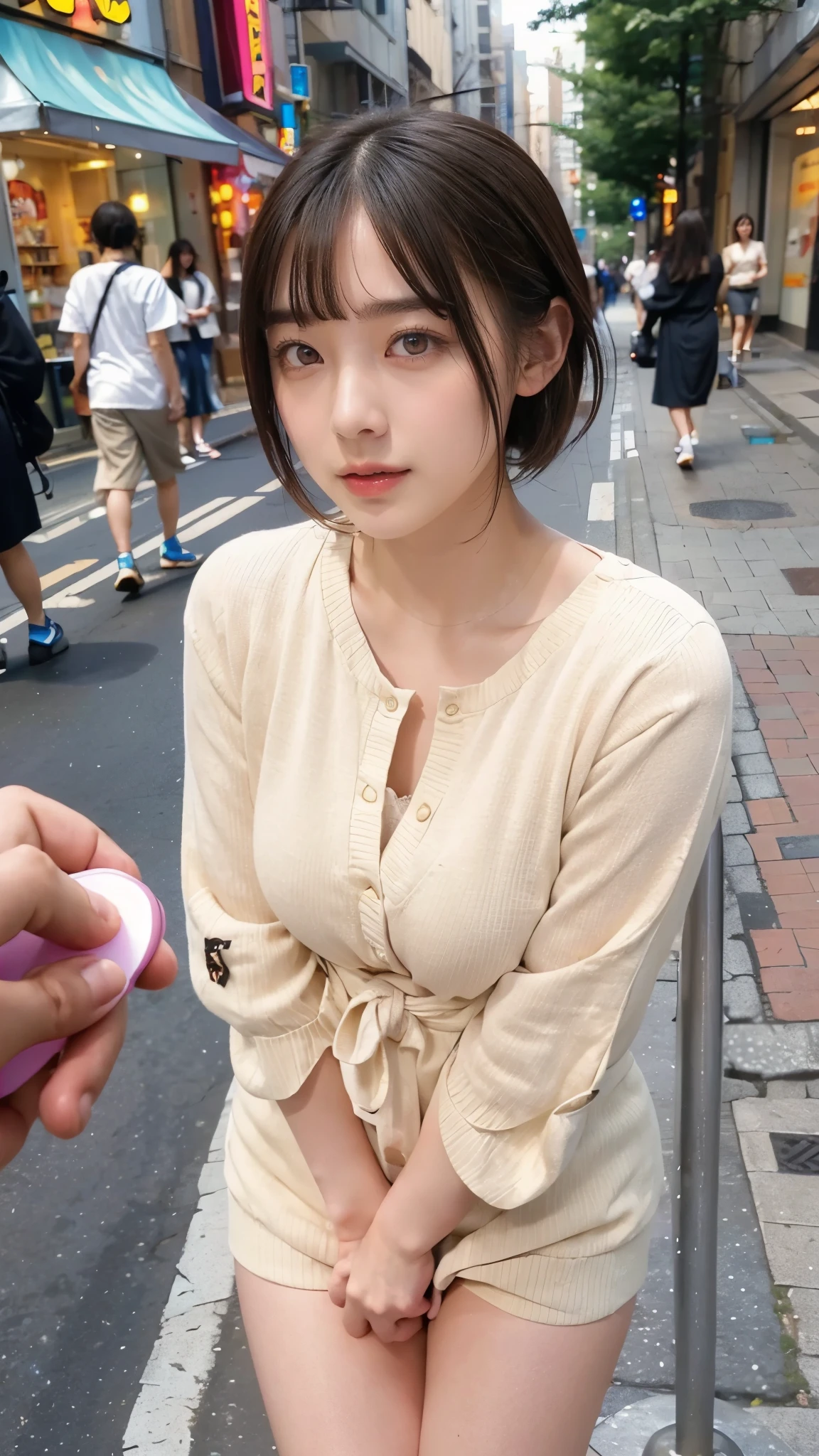 Electric horse prank in a public place, girl in public,Cute type, droopy eyes:1.5, big round eyes, Leaned forward, short hair, She is yawning, she wants me to stop using her hands ,SHE ASKS FOR ME TO STOP USING THE VIBRATOR