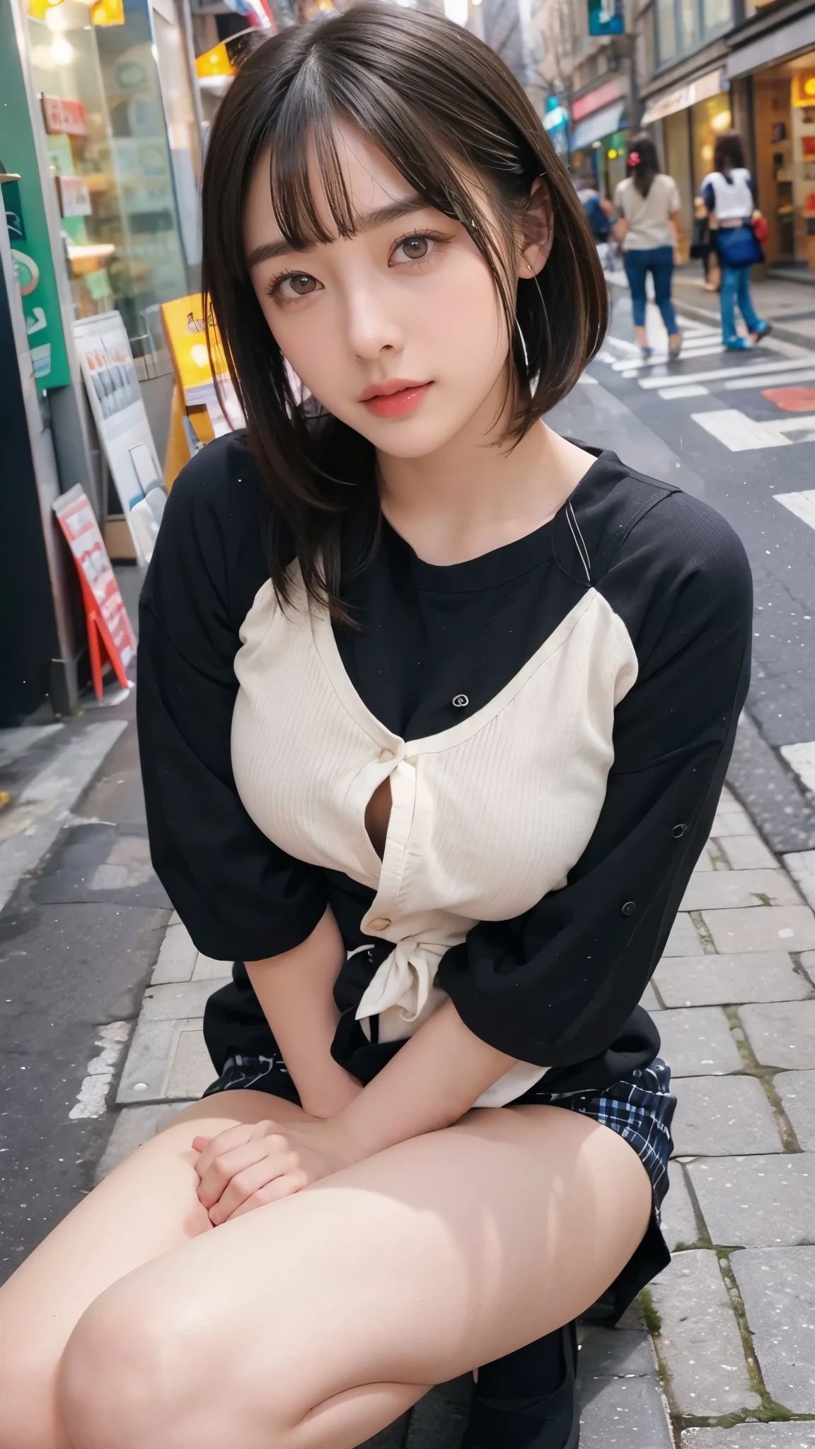 Electric horse prank in a public place, girl in public,Cute type, droopy eyes:1.5,  big round eyes, Leaned forward,  short hair, She is yawning,  she wants me to stop using her hands ,SHE ASKS FOR ME TO STOP USING THE VIBRATOR