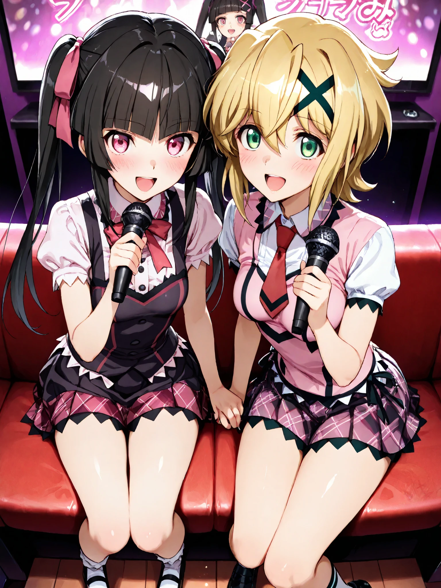 2girl ,multiple girls ,tsukuyomi shirabe ,black hair ,black shoes ,blunt bangs ,blush ,breasts ,long hair ,looking at viewer ,lydian academy school uniform ,necktie ,open mouth ,pink eyes ,red necktie ,school uniform ,small breasts ,socks ,twintails ,akatsuki kirika ,blonde hair ,green eyes ,medium breasts ,short hair ,x hair ornament ,karaoke ,holding microphone ,smile ,masterpiece, best quality, ultra detailed ,